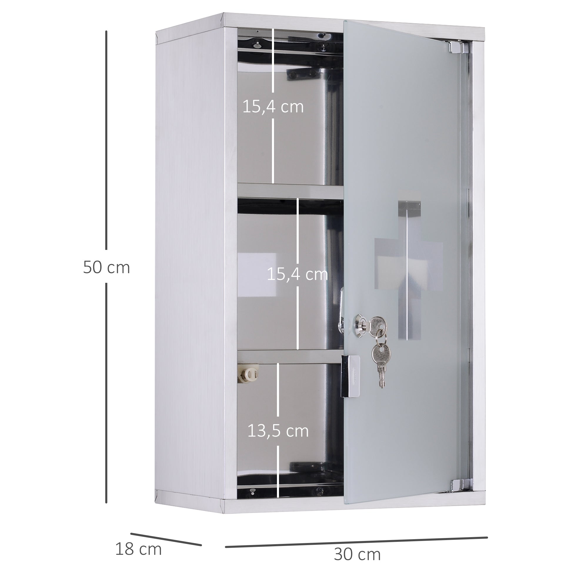 Armoire à pharmacie murale à 3 niveaux en acier inoxydable avec porte verrouillable en verre avec 2 clés étagères de rangement argent