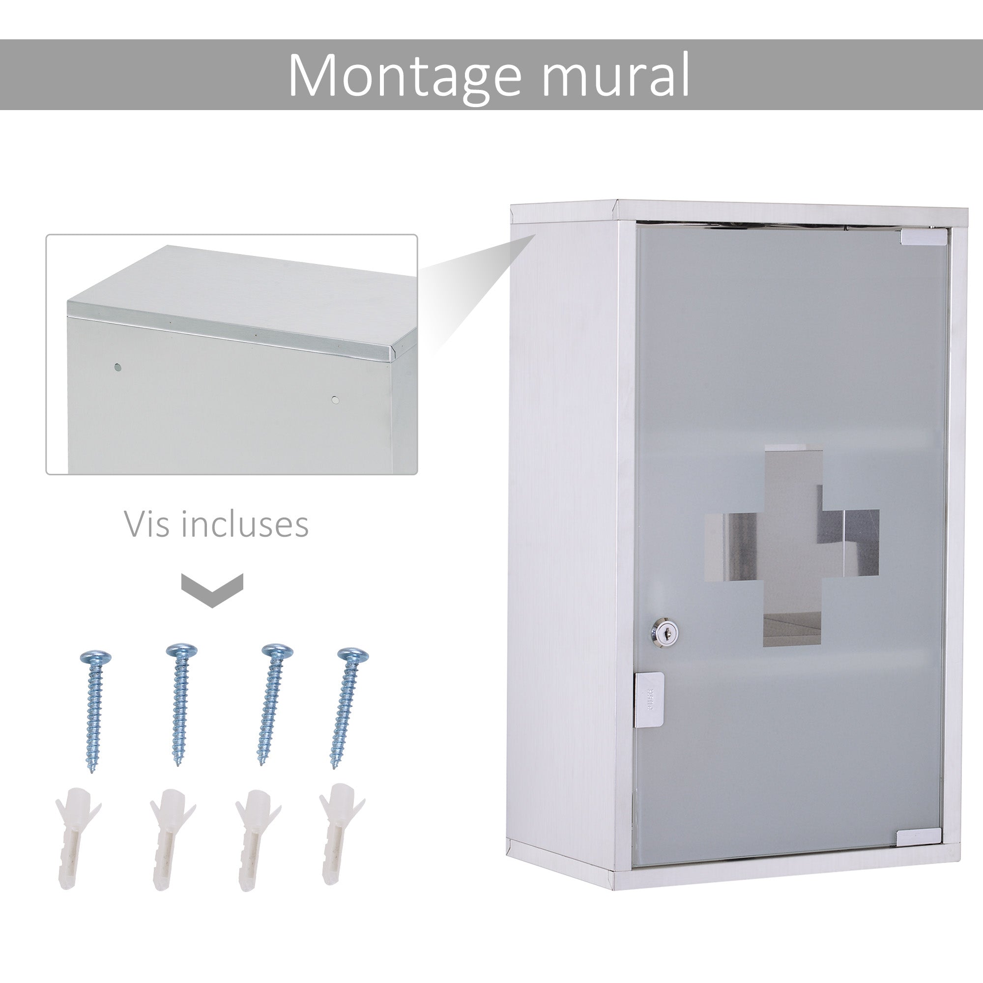 Armoire à pharmacie murale à 3 niveaux en acier inoxydable avec porte verrouillable en verre avec 2 clés étagères de rangement argent
