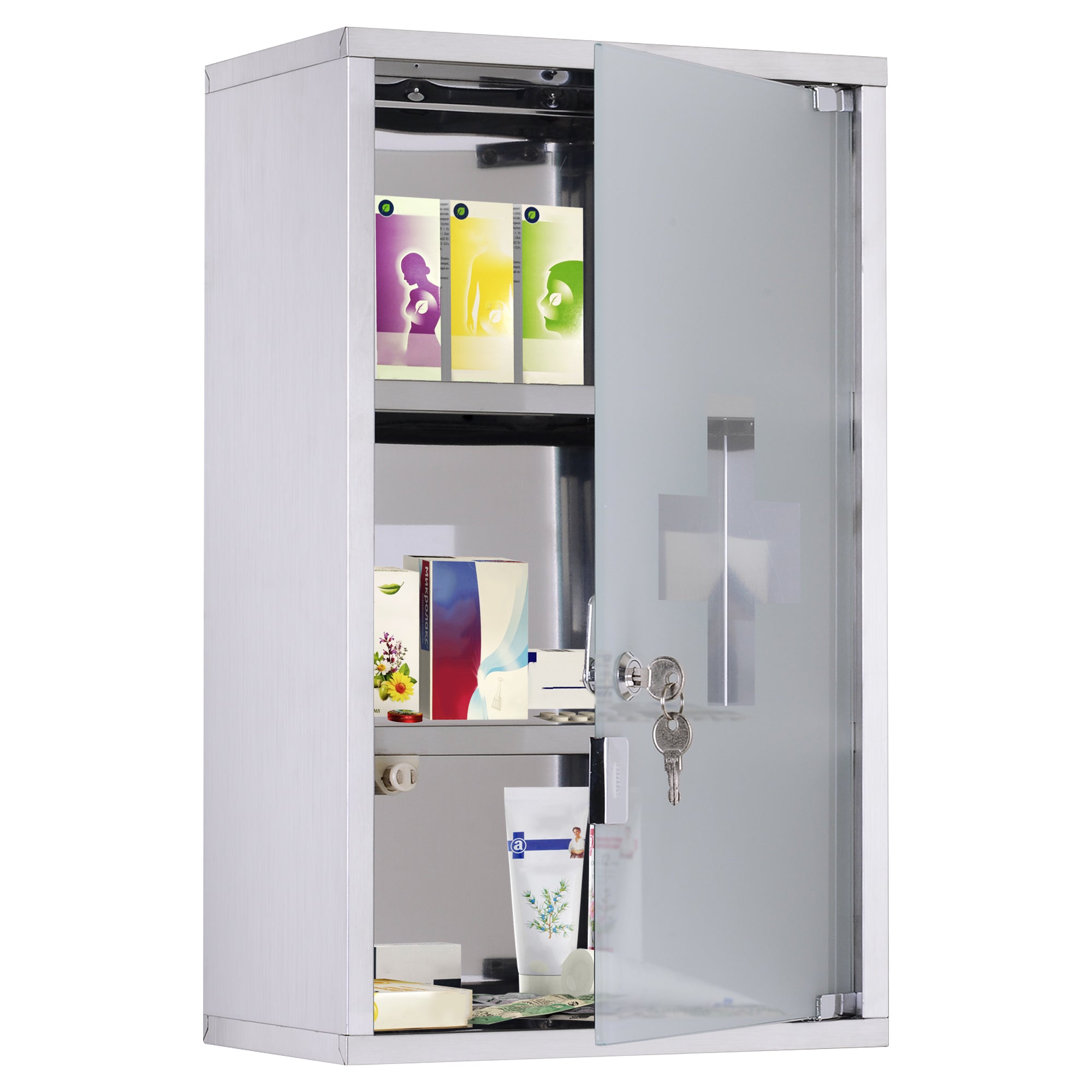 Armoire à pharmacie murale à 3 niveaux en acier inoxydable avec porte verrouillable en verre avec 2 clés étagères de rangement argent