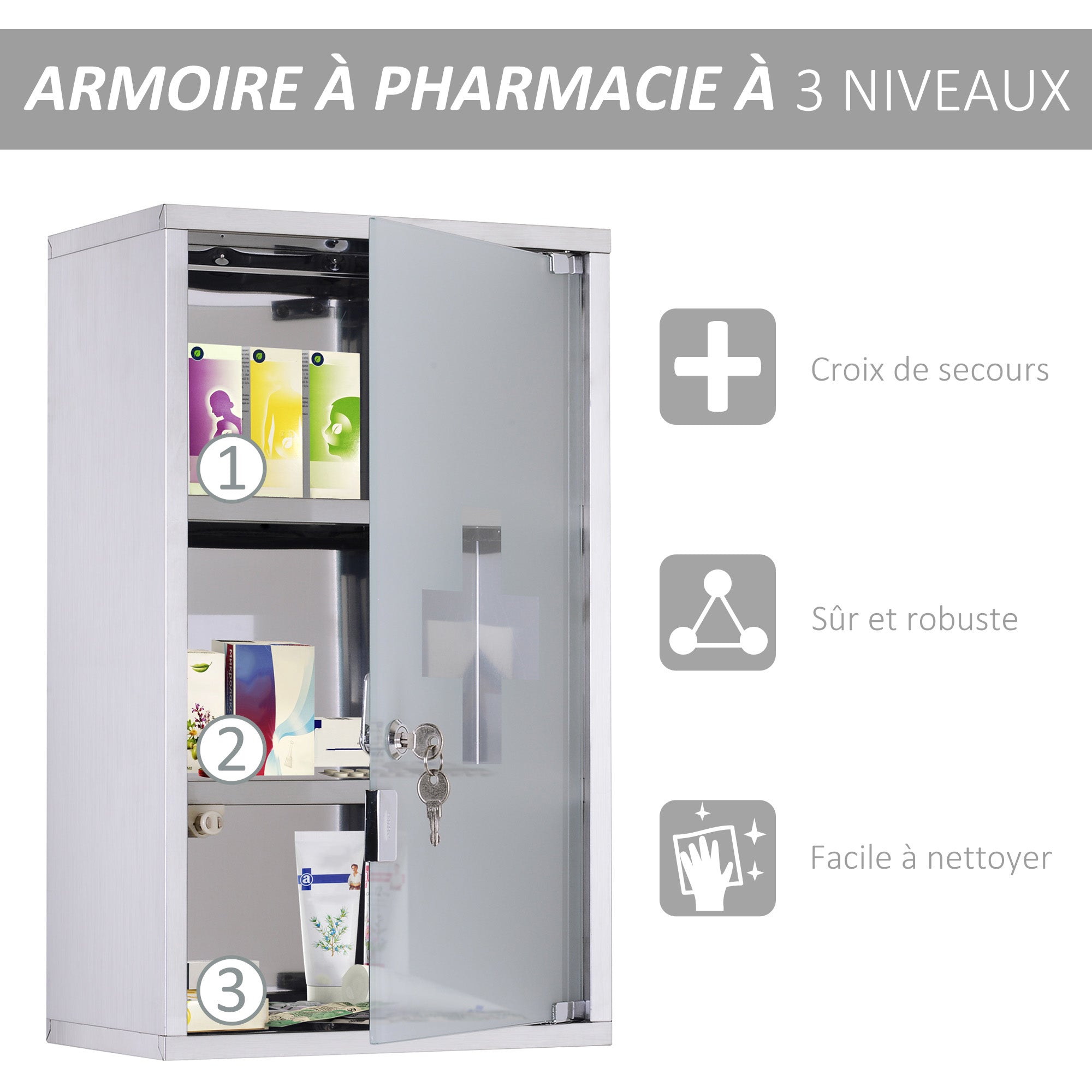 Armoire à pharmacie murale à 3 niveaux en acier inoxydable avec porte verrouillable en verre avec 2 clés étagères de rangement argent