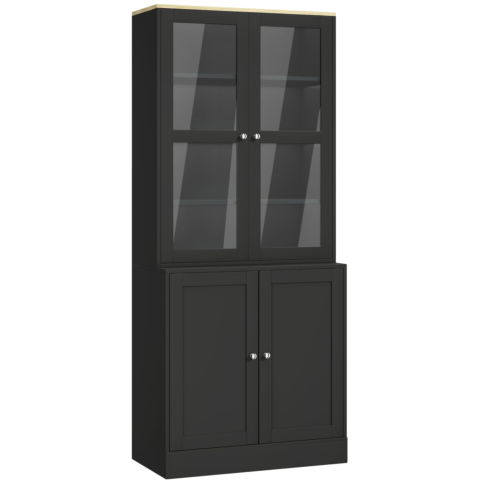 Bibliothèque vitrine, meuble de rangement à 6 niveaux avec 4 portes dont 2 en verre trempé, étagères réglables, style moderne, pour salon, bureau, chambre, 76 x 40 x 179 cm, noir