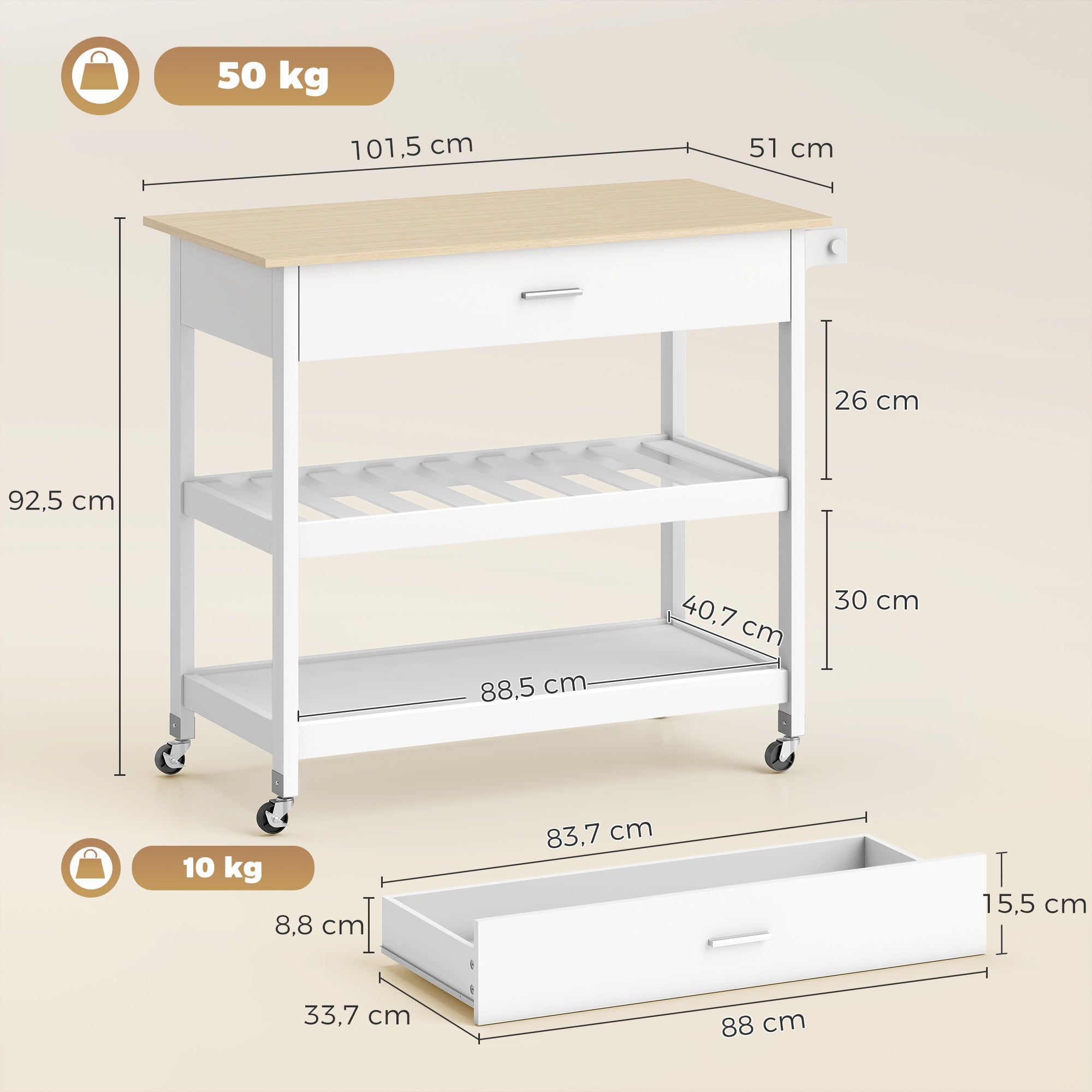 Desserte de cuisine à roulettes, îlot central cuisine avec plan de travail, tiroir, étagères, porte-serviettes, chariot de rangement pour salle à manger, 108,8 x 51 x 92,5 cm, blanc
