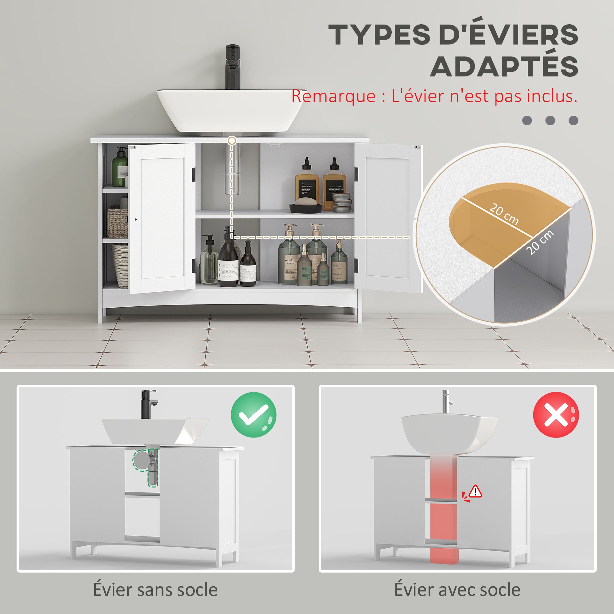 Meuble sous lavabo, meuble de salle de bain, étagères réglables, placard 2 portes, meuble sous évier, style classique, 90 x 30 x 60 cm, blanc