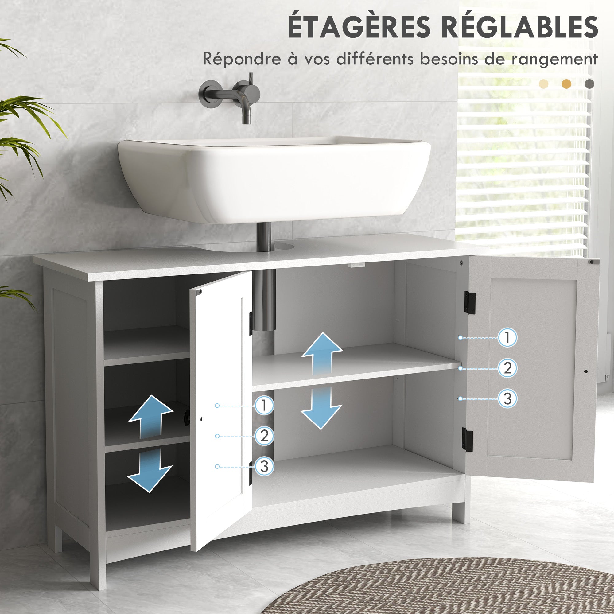 Meuble sous lavabo, meuble de salle de bain, étagères réglables, placard 2 portes, meuble sous évier, style classique, 90 x 30 x 60 cm, blanc