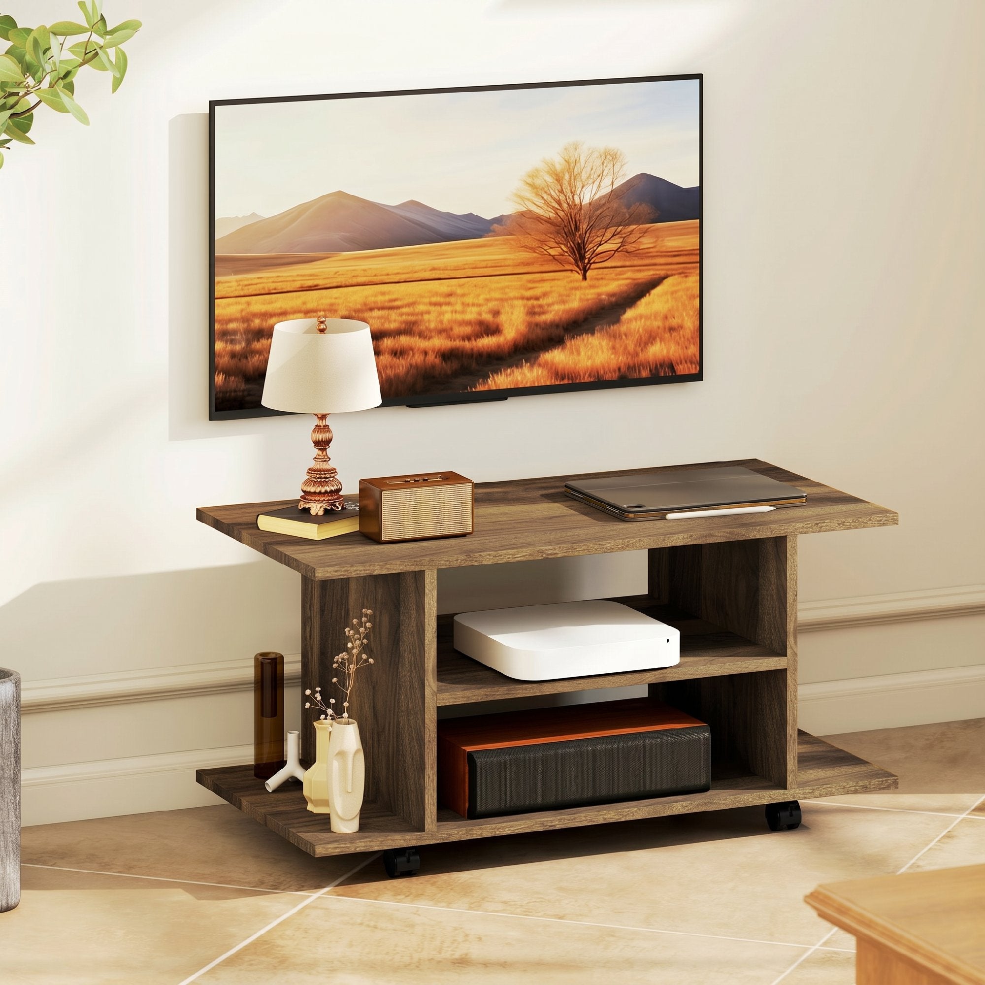 Meuble TV avec roulettes 80 cm, meuble télé pour téléviseur jusqu'à 42 pouces avec étagères ouvertes, style moderne, banc TV pour salon, chambre, noir