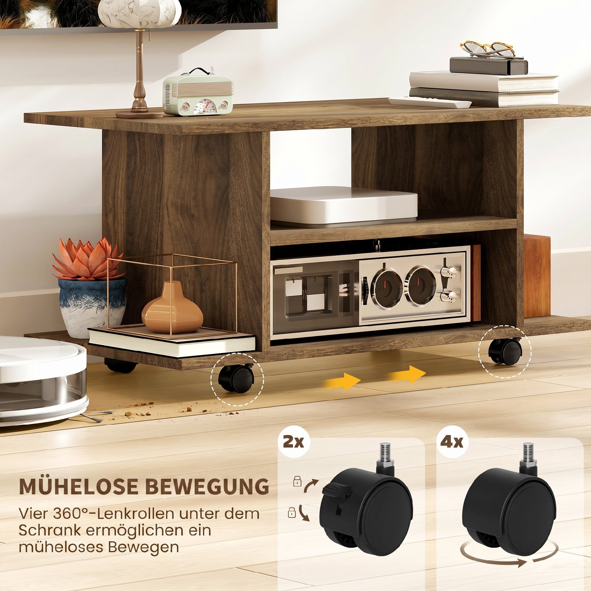Meuble TV avec roulettes 80 cm, meuble télé pour téléviseur jusqu'à 42 pouces avec étagères ouvertes, style moderne, banc TV pour salon, chambre, noir