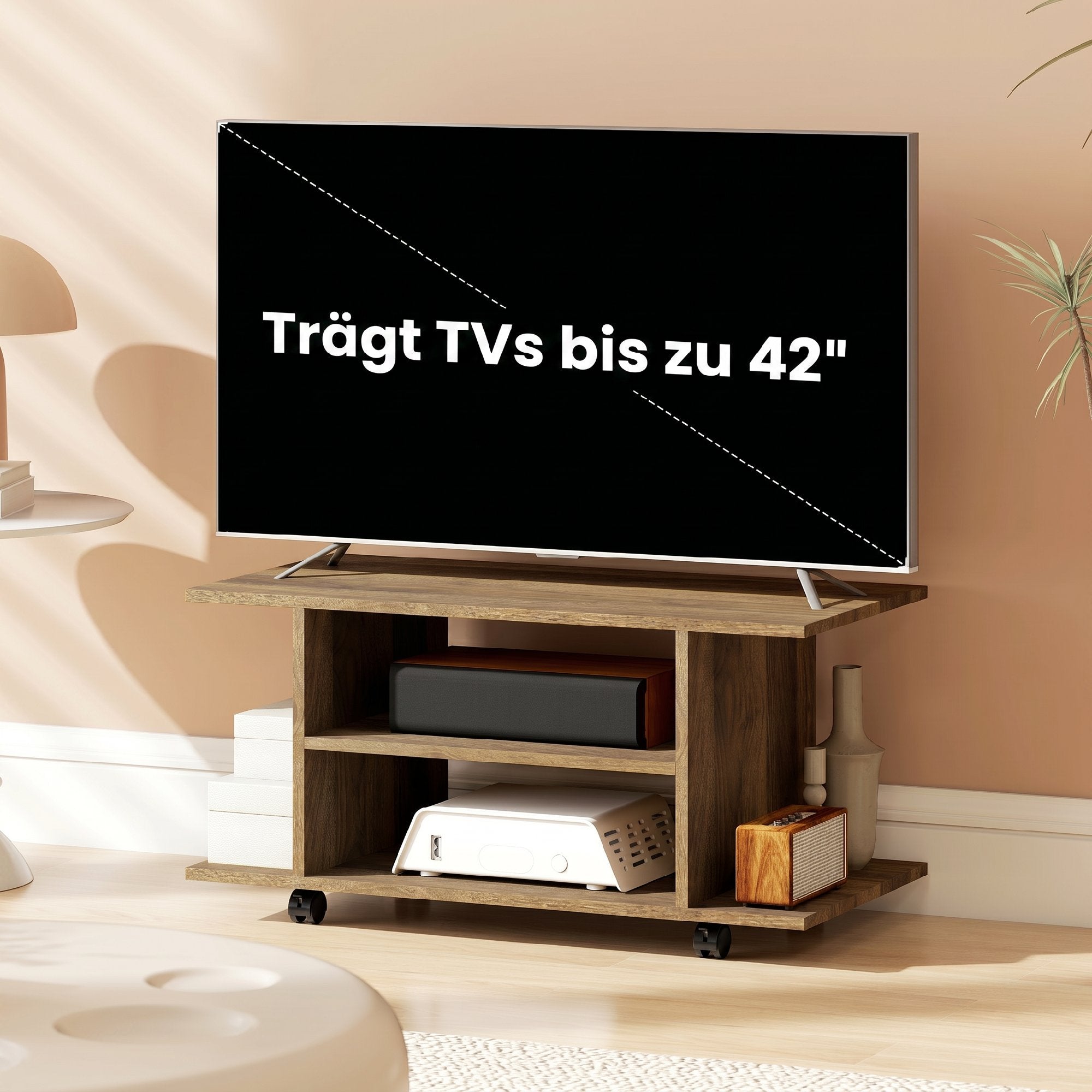 Meuble TV avec roulettes 80 cm, meuble télé pour téléviseur jusqu'à 42 pouces avec étagères ouvertes, style moderne, banc TV pour salon, chambre, noir