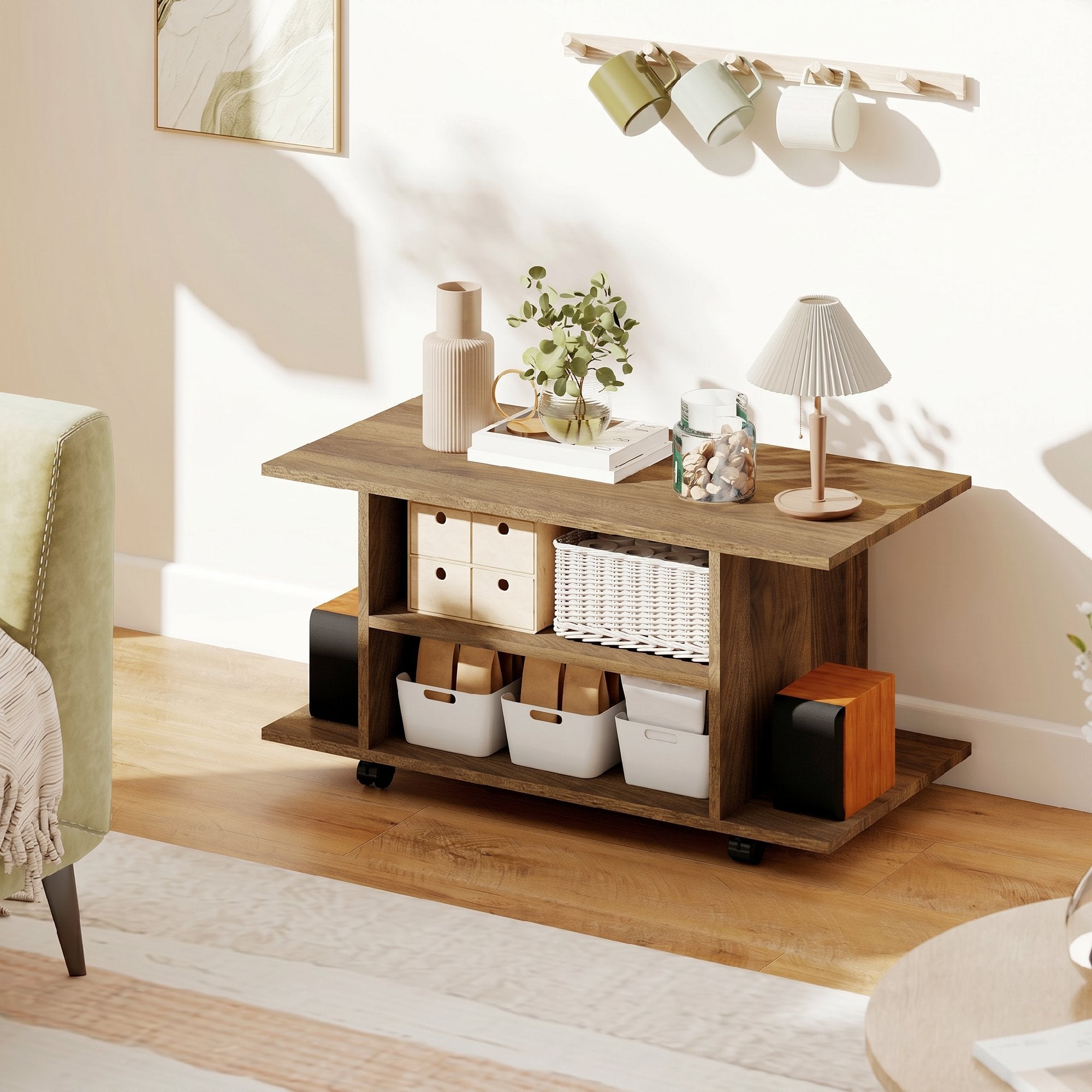 Meuble TV avec roulettes 80 cm, meuble télé pour téléviseur jusqu'à 42 pouces avec étagères ouvertes, style moderne, banc TV pour salon, chambre, noir