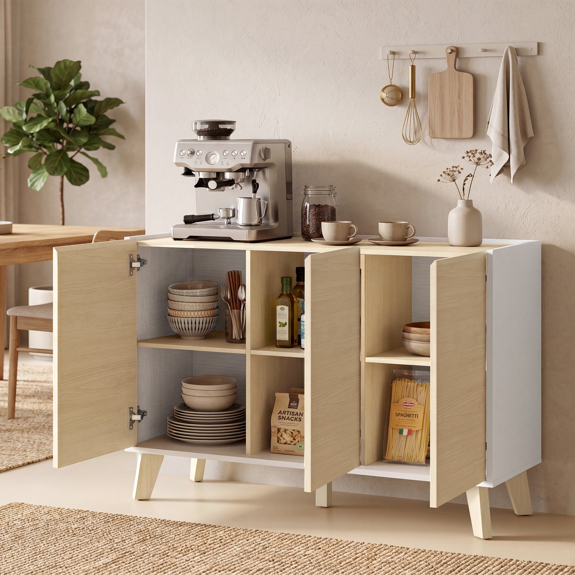 Buffet Cuisine, Meuble de Rangement Nordique, 3 Portes à Fermeture Douce, 6 Compartiments, Meuble TV pour Téléviseurs 50 Pouces, pour Salon et Chambre, 120x35x73,5cm, Bois Naturel et Blanc