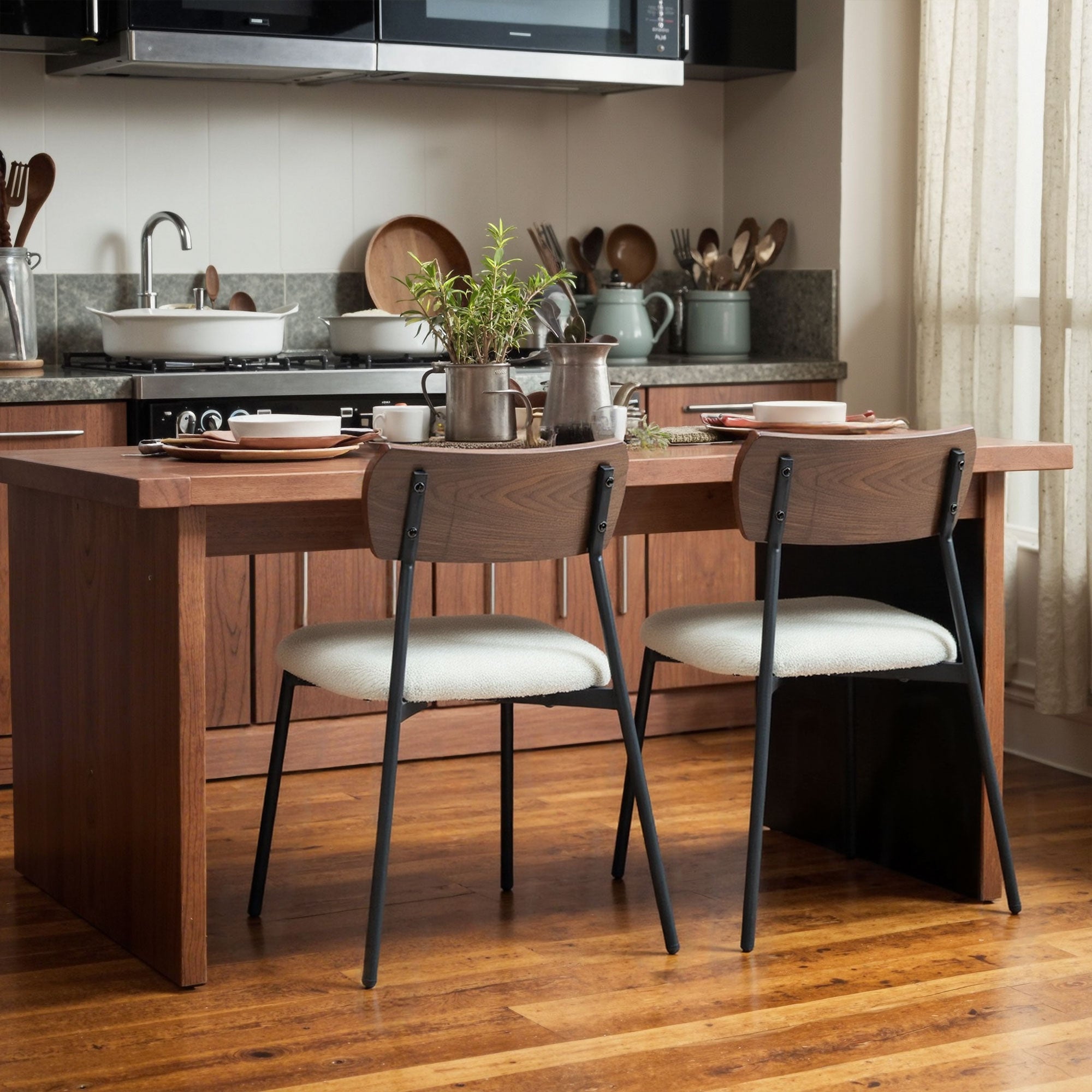 Lot de 2 chaises salle à manger chaise de cuisine vintage chaise de salon rembourrée avec assise effet bouclette, dossier courbé effet bois pour salon, salle à manger, chambre, crème et marron