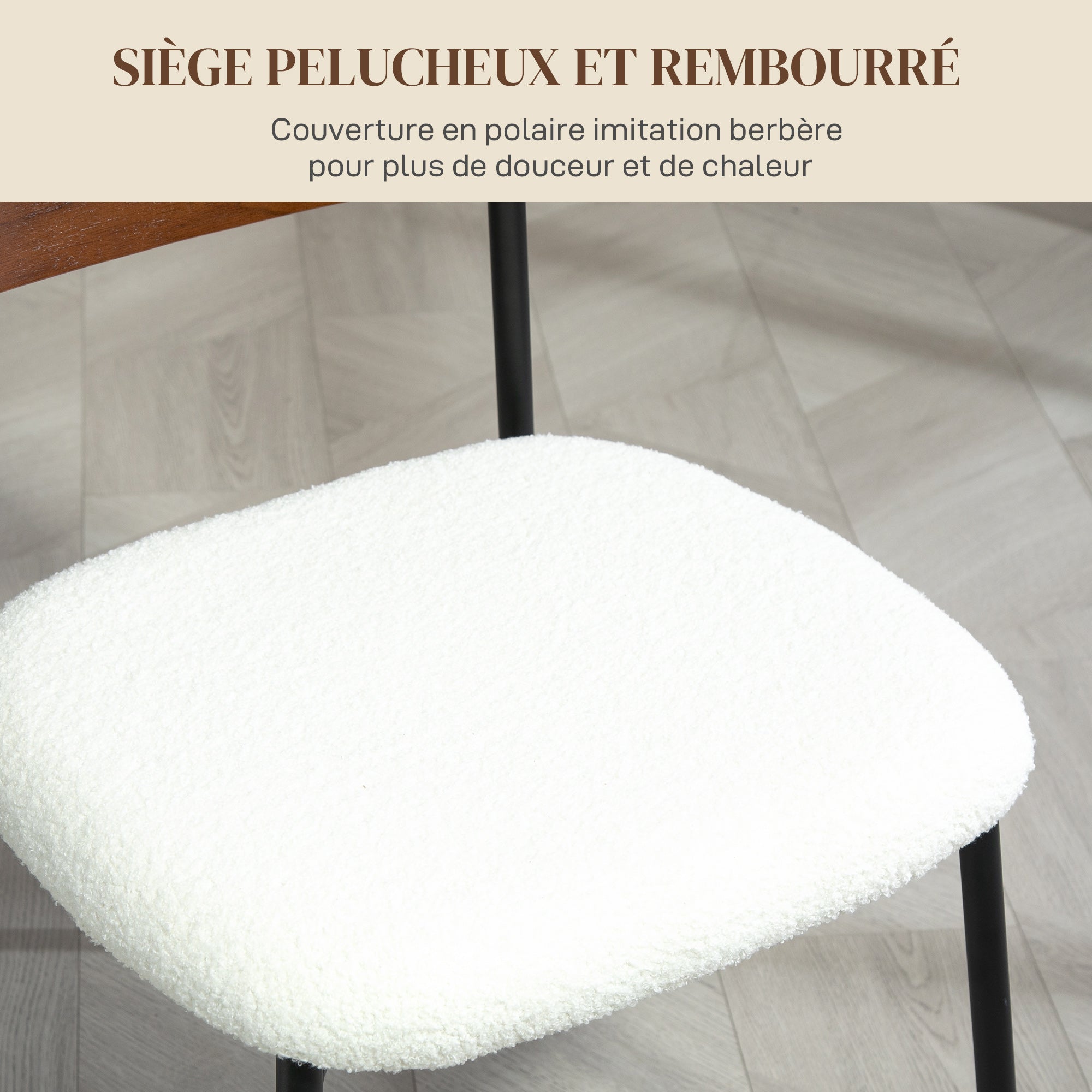 Lot de 2 chaises salle à manger chaise de cuisine vintage chaise de salon rembourrée avec assise effet bouclette, dossier courbé effet bois pour salon, salle à manger, chambre, crème et marron