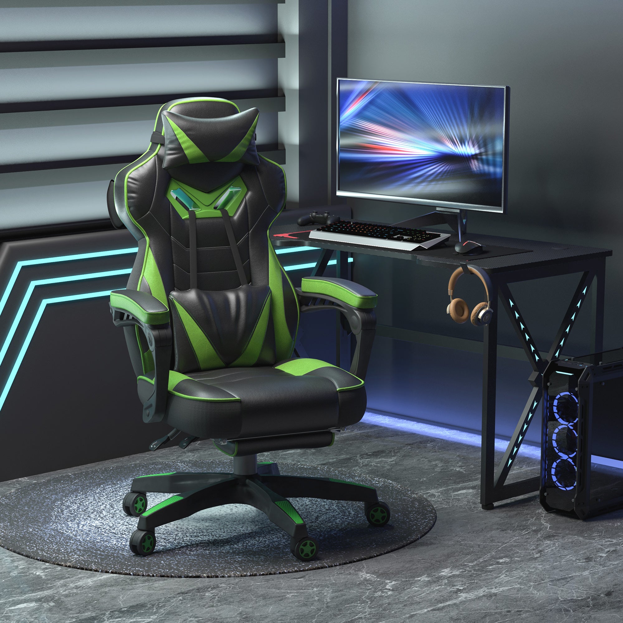 Chaise gaming Ergonomique, Fauteuil de Bureau confortable avec Repose-Pied, Appuie-Tête et coussin lombaire, Hauteur Réglable, noir et vert