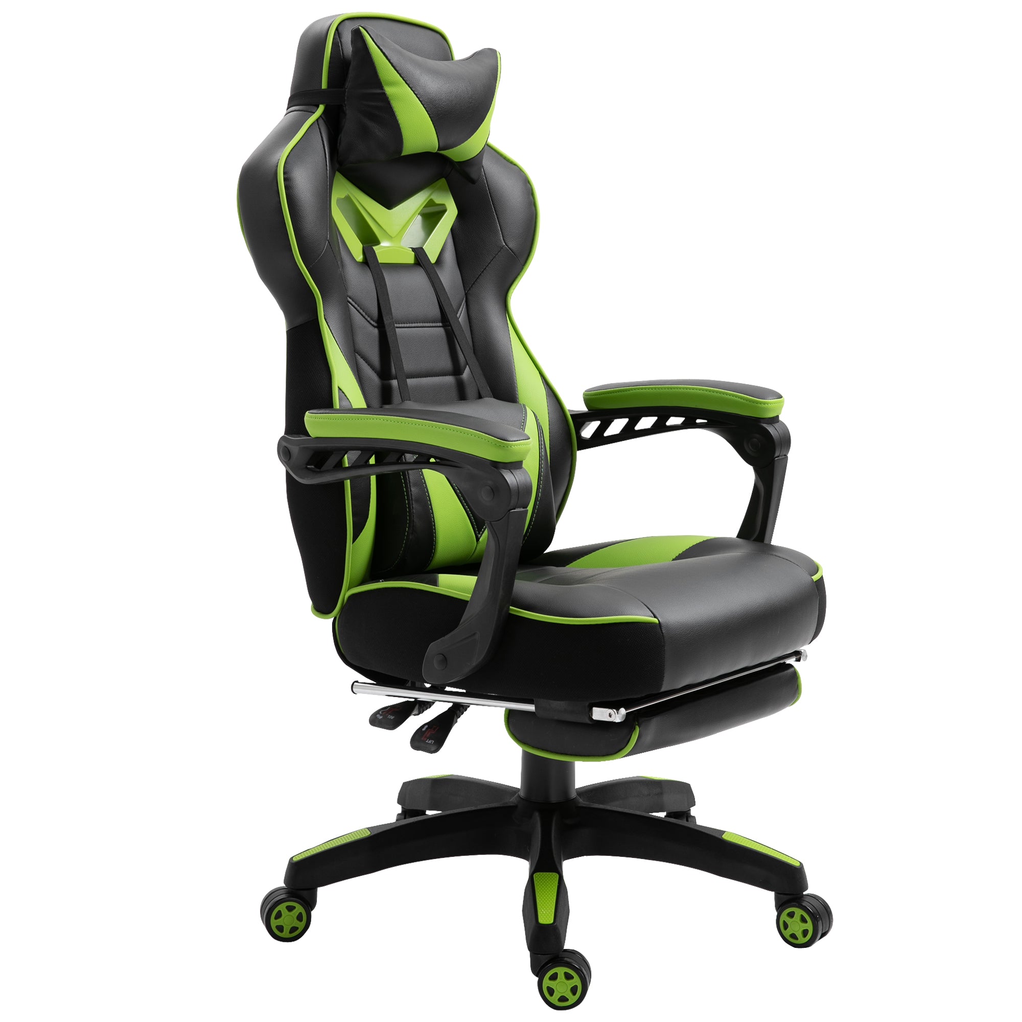 Chaise gaming Ergonomique, Fauteuil de Bureau confortable avec Repose-Pied, Appuie-Tête et coussin lombaire, Hauteur Réglable, noir et vert