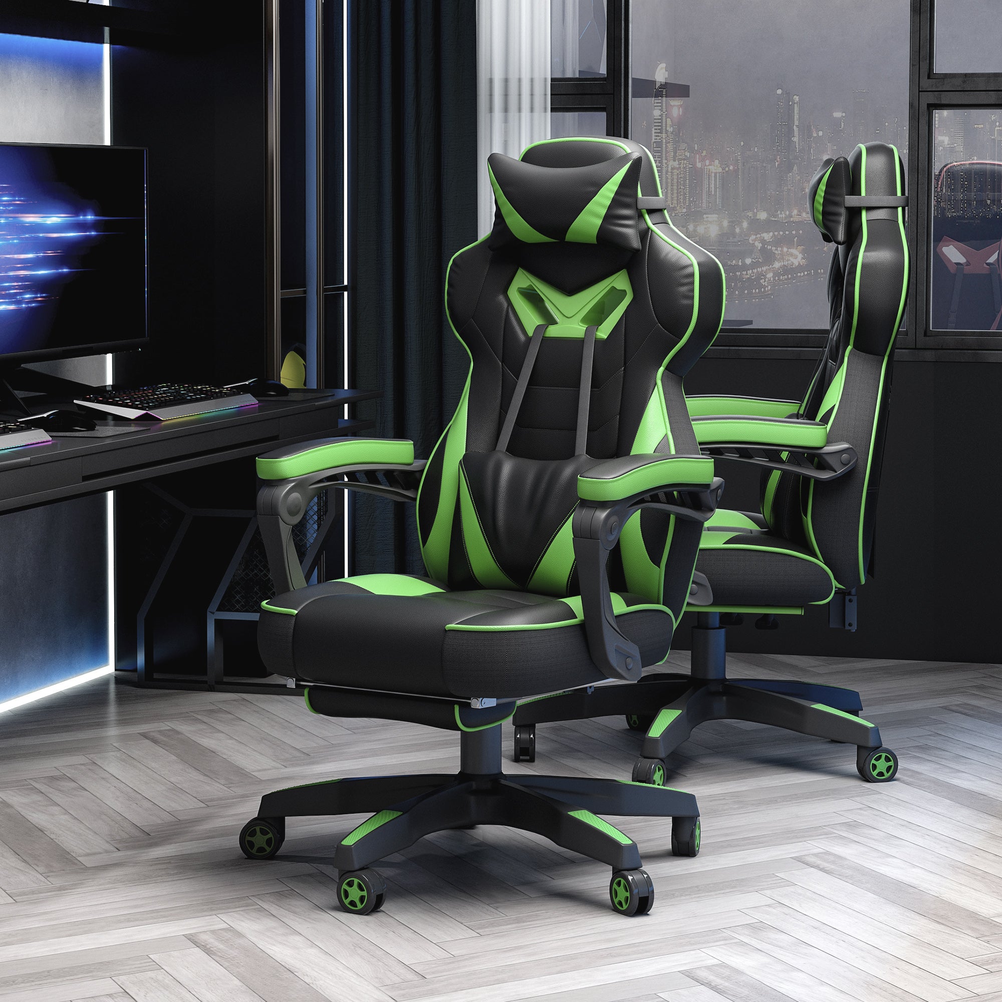 Chaise gaming Ergonomique, Fauteuil de Bureau confortable avec Repose-Pied, Appuie-Tête et coussin lombaire, Hauteur Réglable, noir et vert