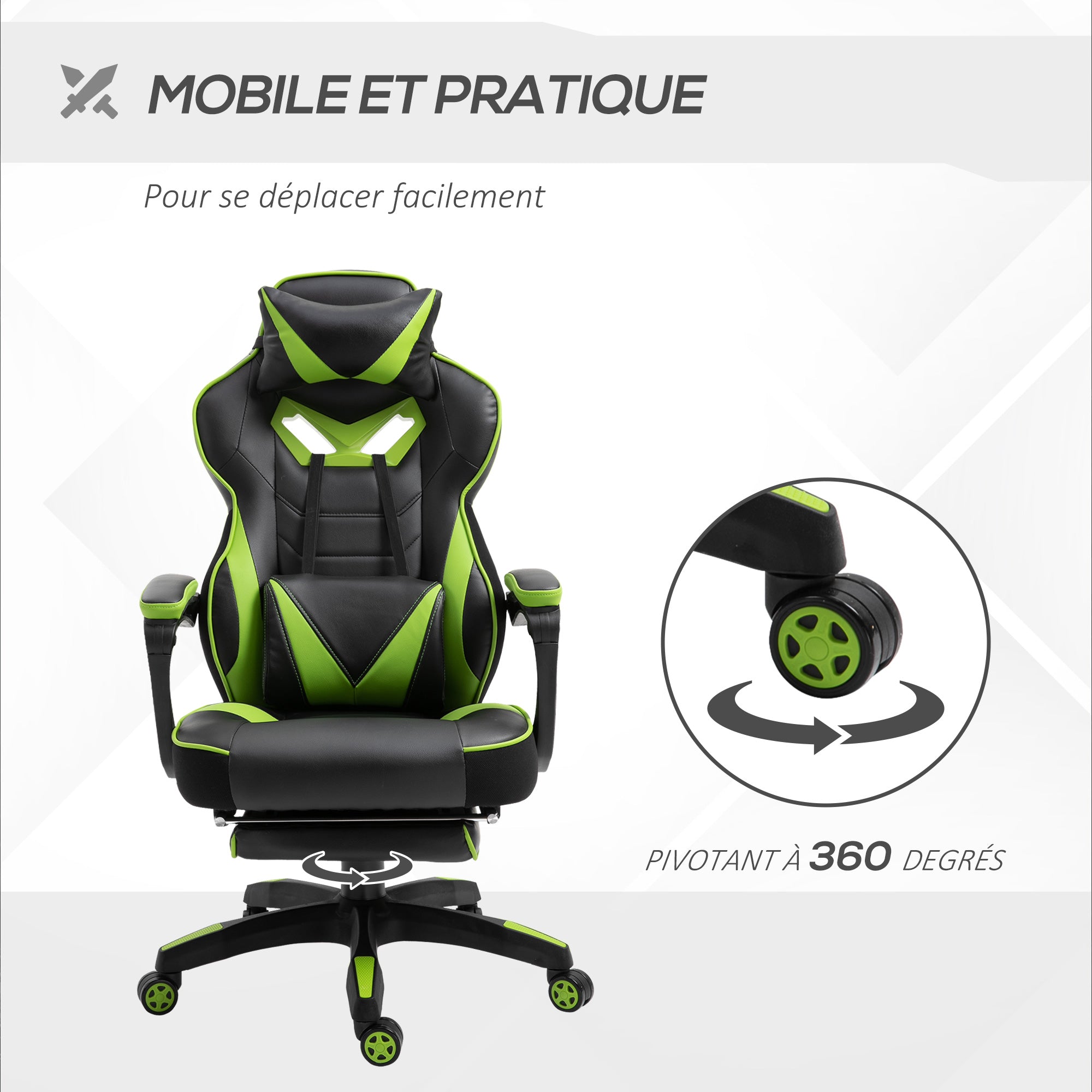 Chaise gaming Ergonomique, Fauteuil de Bureau confortable avec Repose-Pied, Appuie-Tête et coussin lombaire, Hauteur Réglable, noir et vert