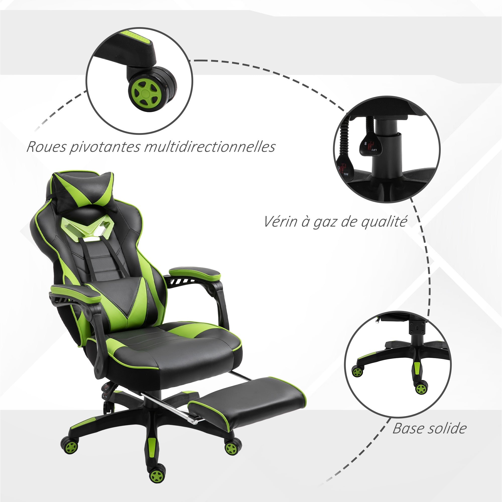 Chaise gaming Ergonomique, Fauteuil de Bureau confortable avec Repose-Pied, Appuie-Tête et coussin lombaire, Hauteur Réglable, noir et vert