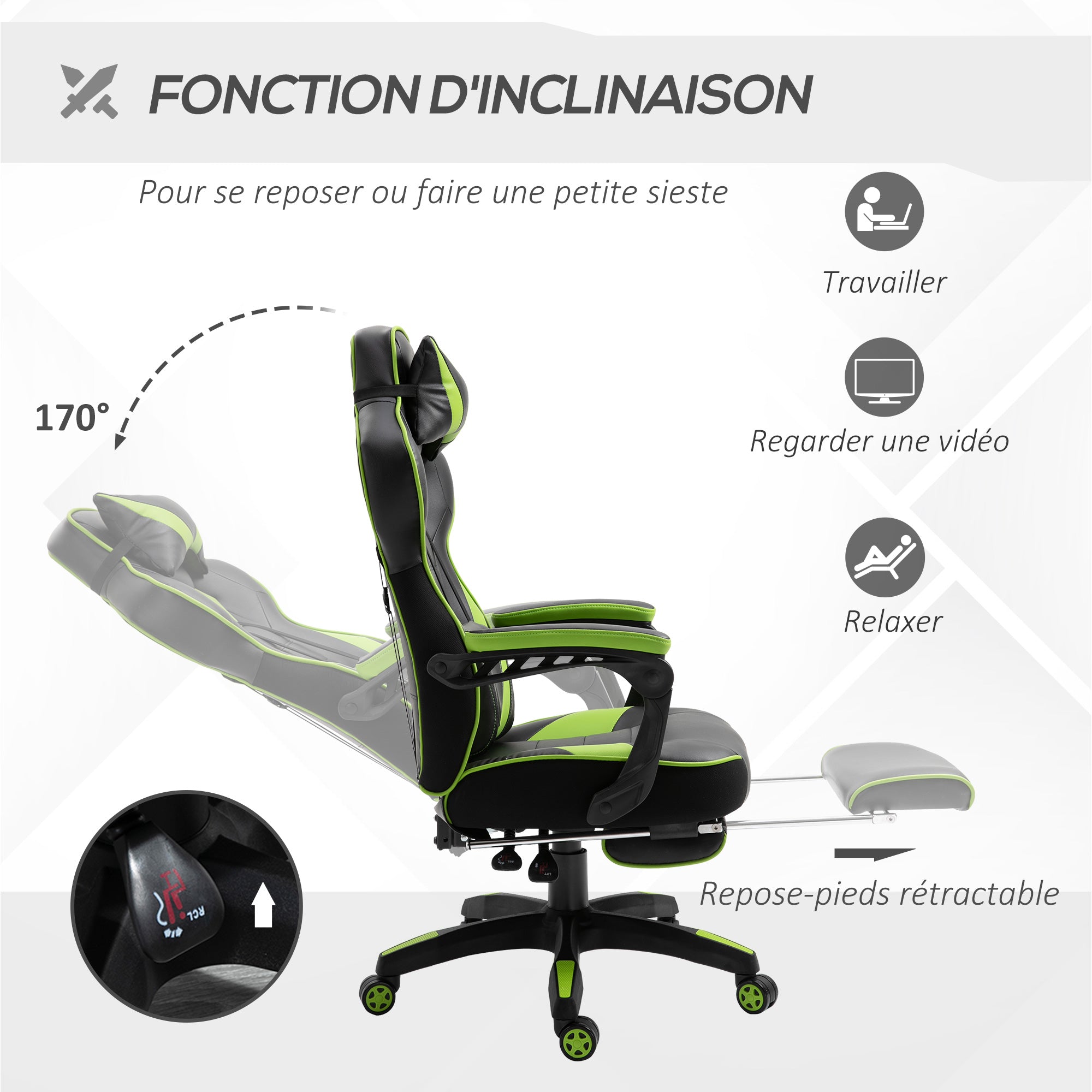 Chaise gaming Ergonomique, Fauteuil de Bureau confortable avec Repose-Pied, Appuie-Tête et coussin lombaire, Hauteur Réglable, noir et vert