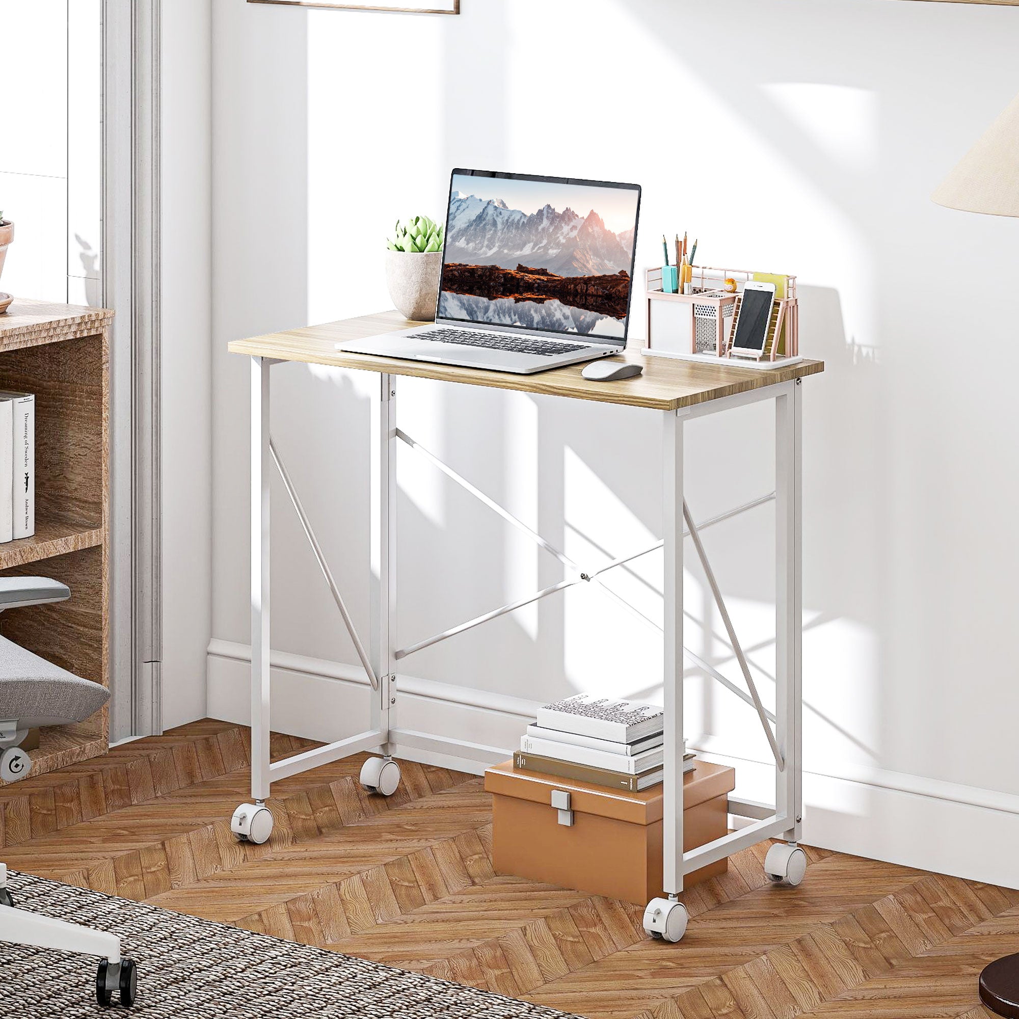Bureau pliant table d'ordinateur 80 x 40 cm bureau sur roulettes style moderne pour domicile, chambre, petits espaces, chêne