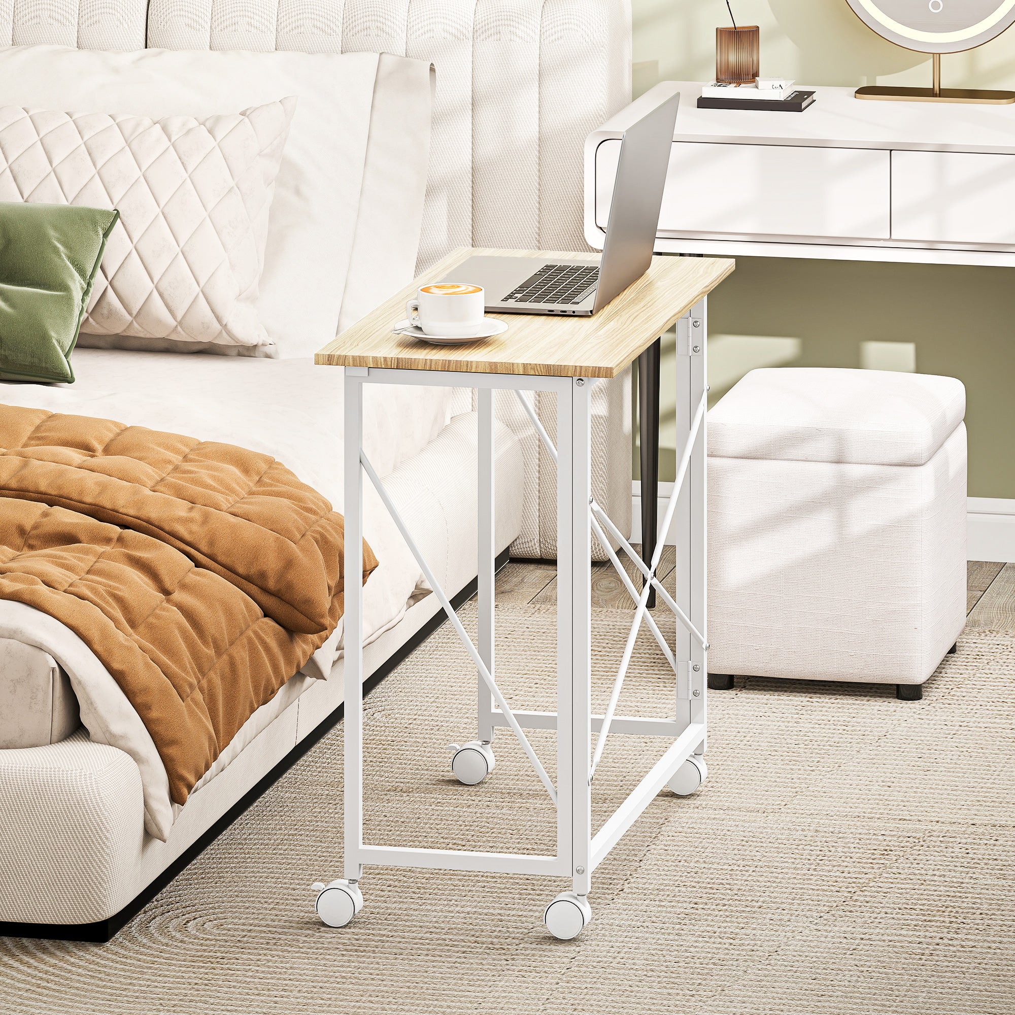 Bureau pliant table d'ordinateur 80 x 40 cm bureau sur roulettes style moderne pour domicile, chambre, petits espaces, chêne