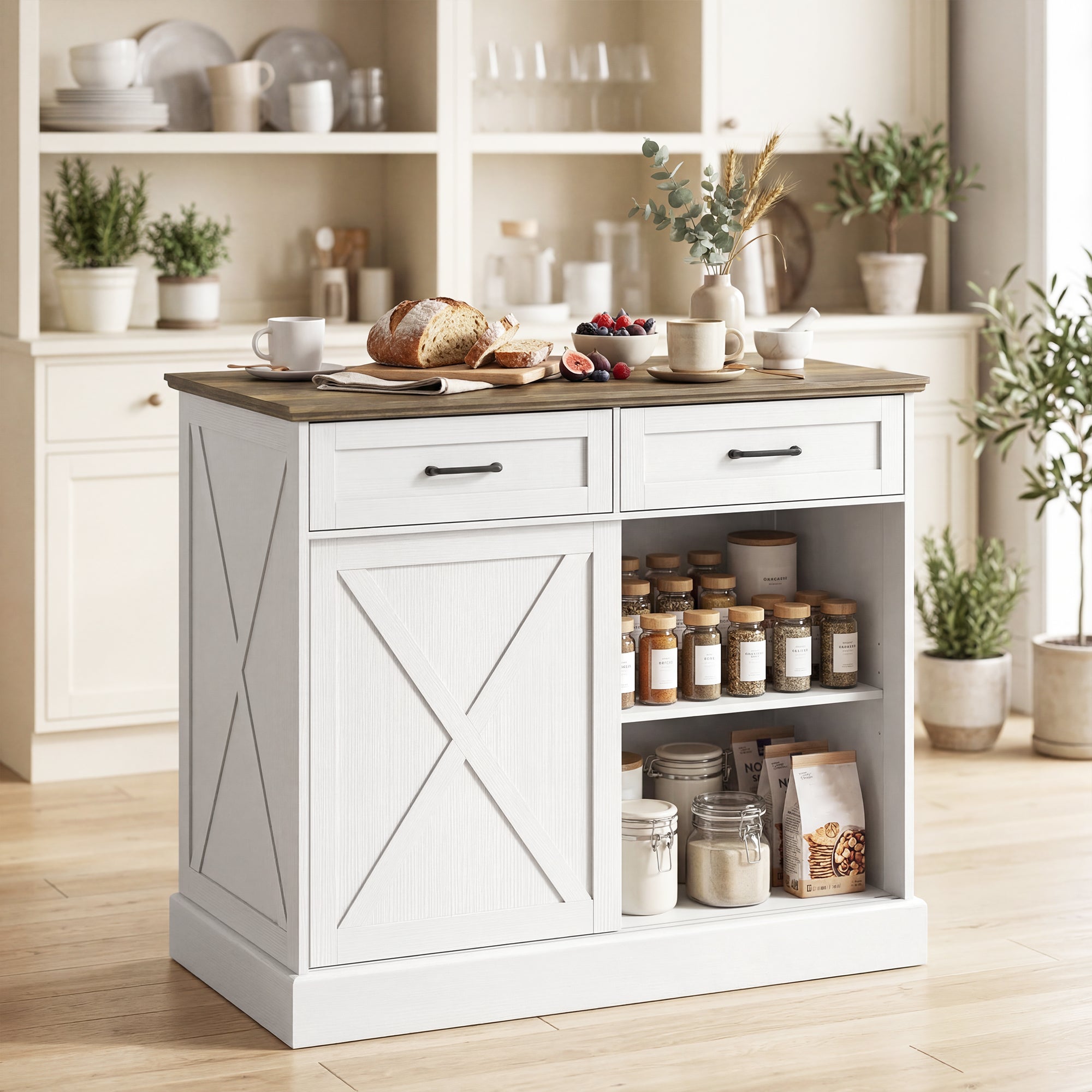 Îlot Central Cuisine, Buffet Cuisine, Meuble de Rangement avec 2 Tiroirs, 2 Portes Coulissantes et Étagère Réglable, Style Rustique, 106,4 x 57 x 92 cm, Blanc et Marron