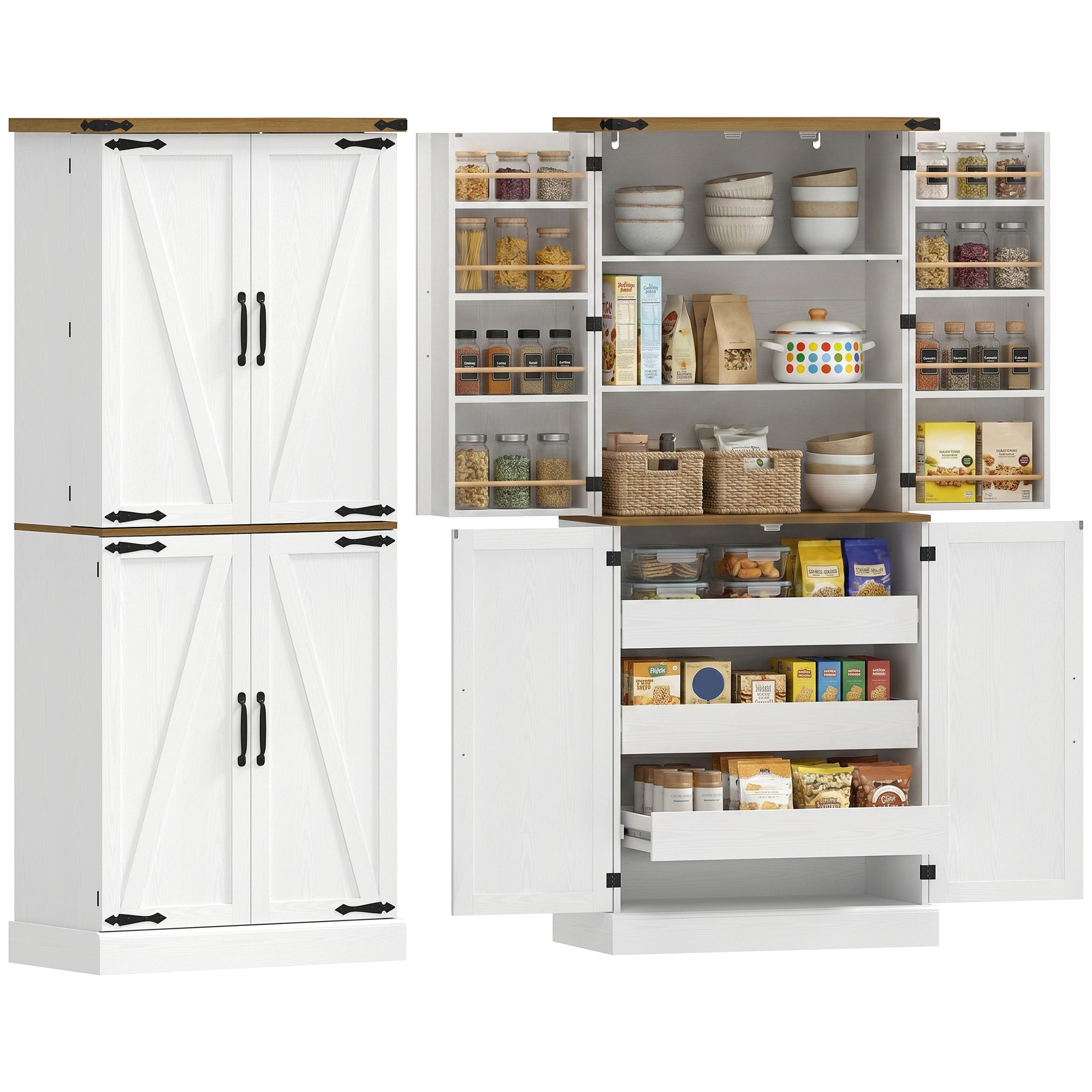 Buffet haut cuisine, armoire de cuisine, vaisselier, 4 portes, 3 tiroirs, 8 porte-racks et étagères réglables, style rustique, meuble de rangement pour salon, salle à manger, 76x40x182cm, blanc
