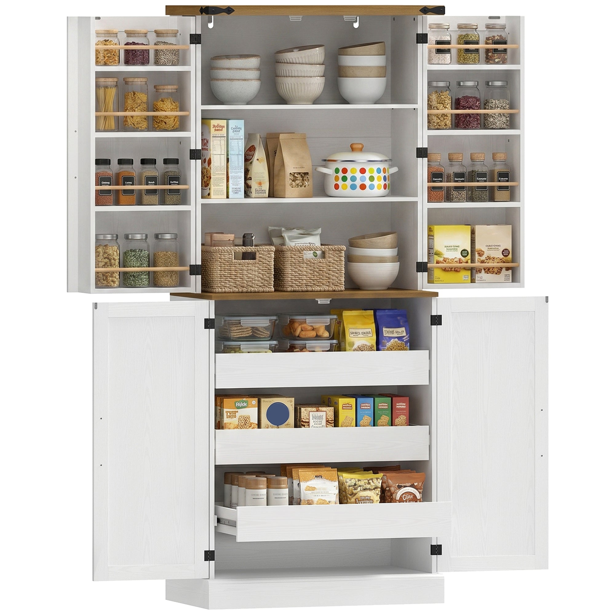 Buffet haut cuisine, armoire de cuisine, vaisselier, 4 portes, 3 tiroirs, 8 porte-racks et étagères réglables, style rustique, meuble de rangement pour salon, salle à manger, 76x40x182cm, blanc