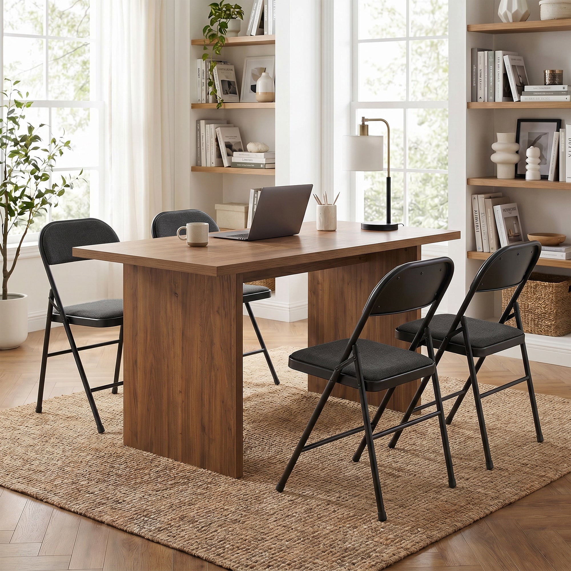 Lot de 2 chaises pliantes chaises de salle à manger portables chaise pliable d'intérieur avec coussin en lin et cadre en acier dim. 45l x 46P x 78H cm noir