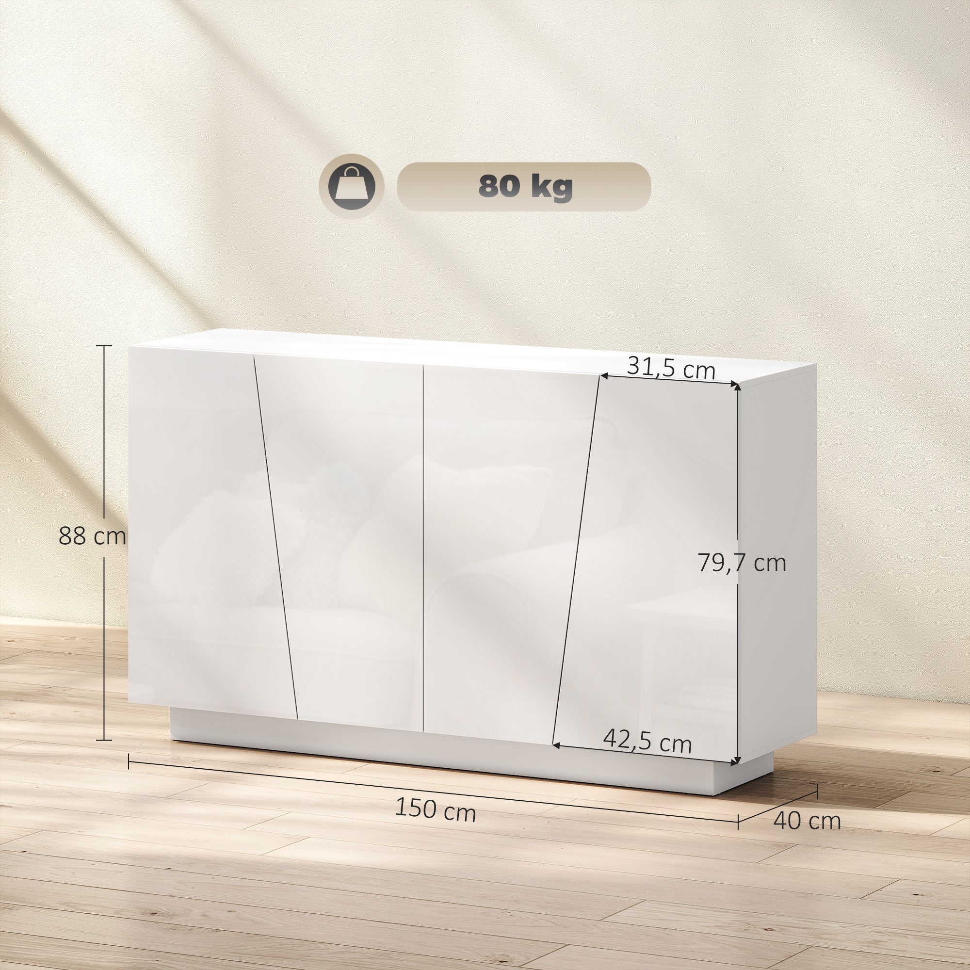Buffet à haute brillance, meuble de rangement avec placard double porte géométrique et étagère réglable, style moderne, buffet salle à manger, cuisine et salon, 70 x 40 x 88 cm, blanc