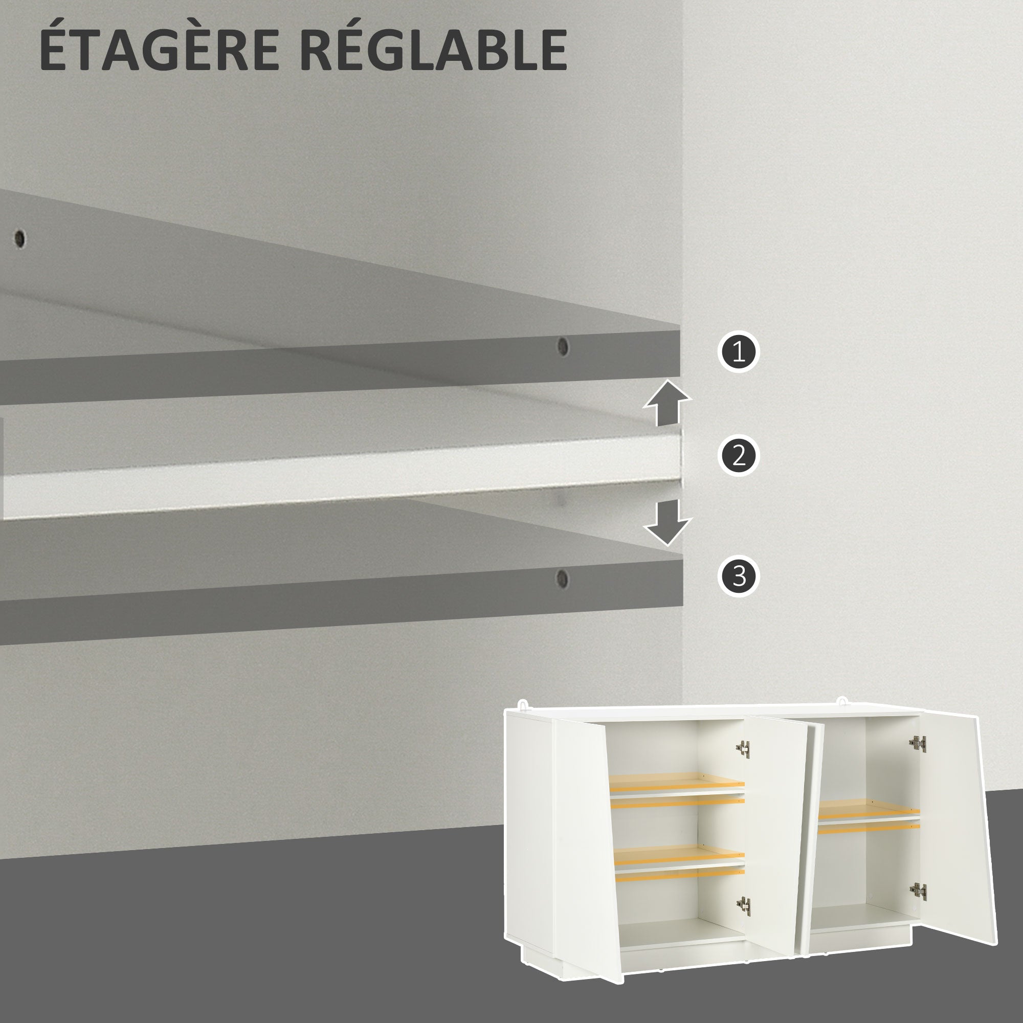 Buffet à haute brillance, meuble de rangement avec placard double porte géométrique et étagère réglable, style moderne, buffet salle à manger, cuisine et salon, 70 x 40 x 88 cm, blanc