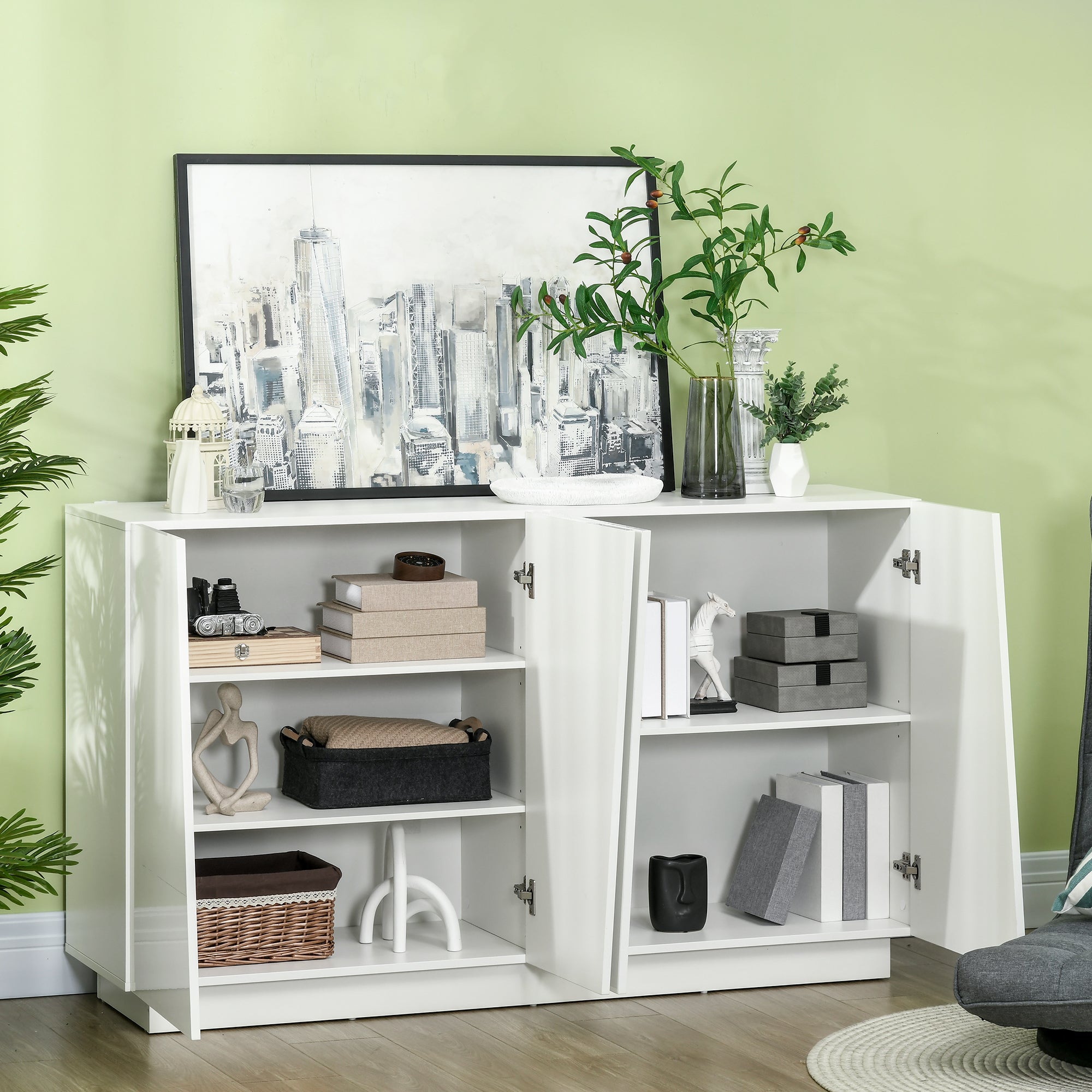 Buffet à haute brillance, meuble de rangement avec placard double porte géométrique et étagère réglable, style moderne, buffet salle à manger, cuisine et salon, 70 x 40 x 88 cm, blanc