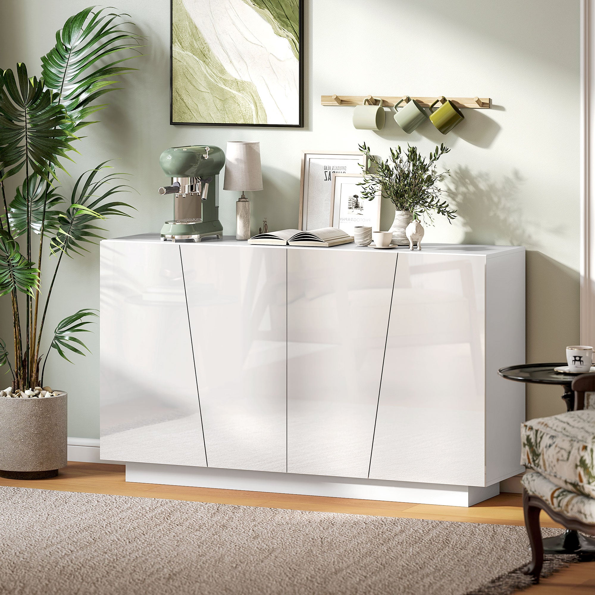 Buffet à haute brillance, meuble de rangement avec placard double porte géométrique et étagère réglable, style moderne, buffet salle à manger, cuisine et salon, 70 x 40 x 88 cm, blanc
