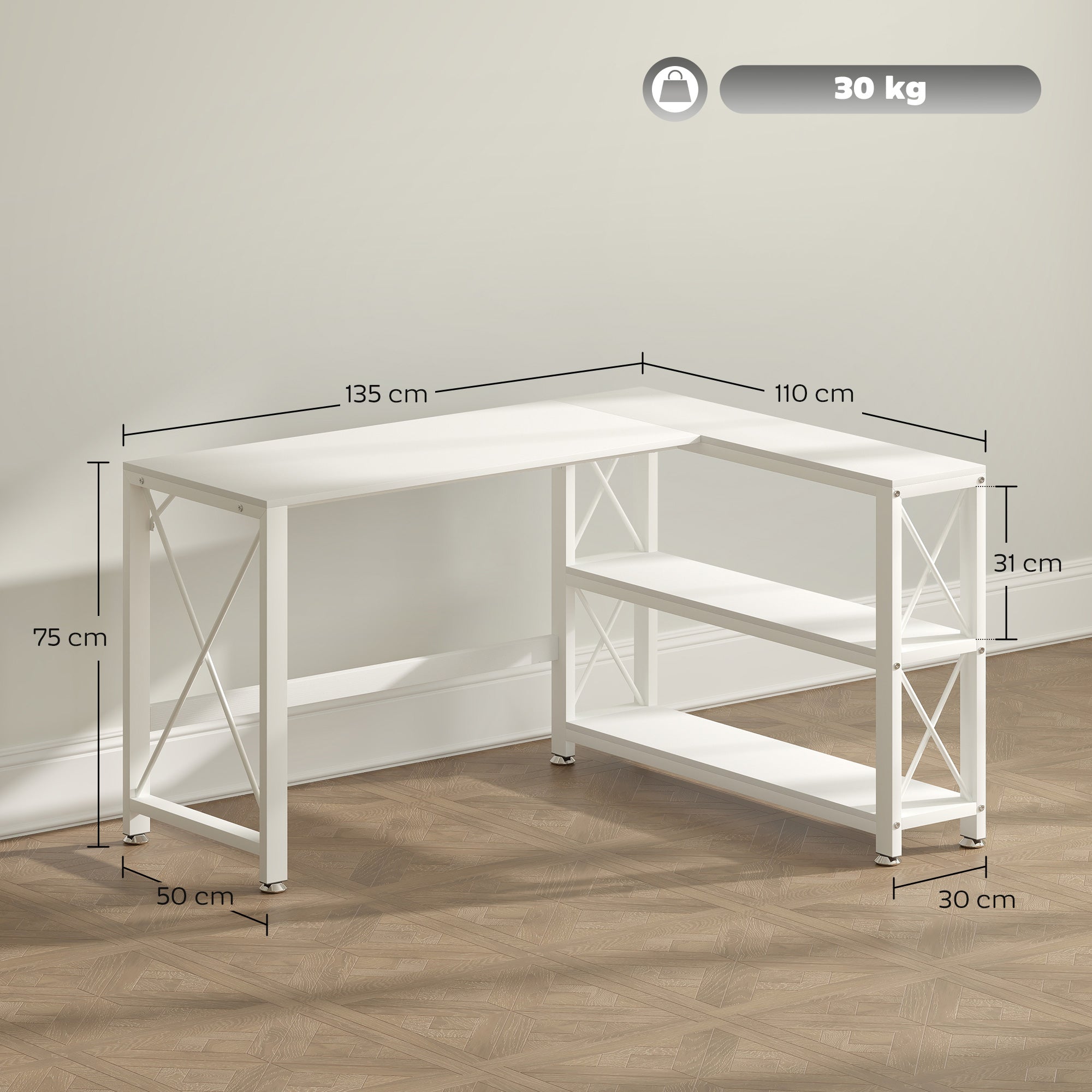 Bureau d'angle modulable réversible, bureau avec rangement style moderne avec étagère de rangement, cadre en métal, table d'ordinateur pour petits espaces, salon, 135 x 110 x 75 cm, blanc