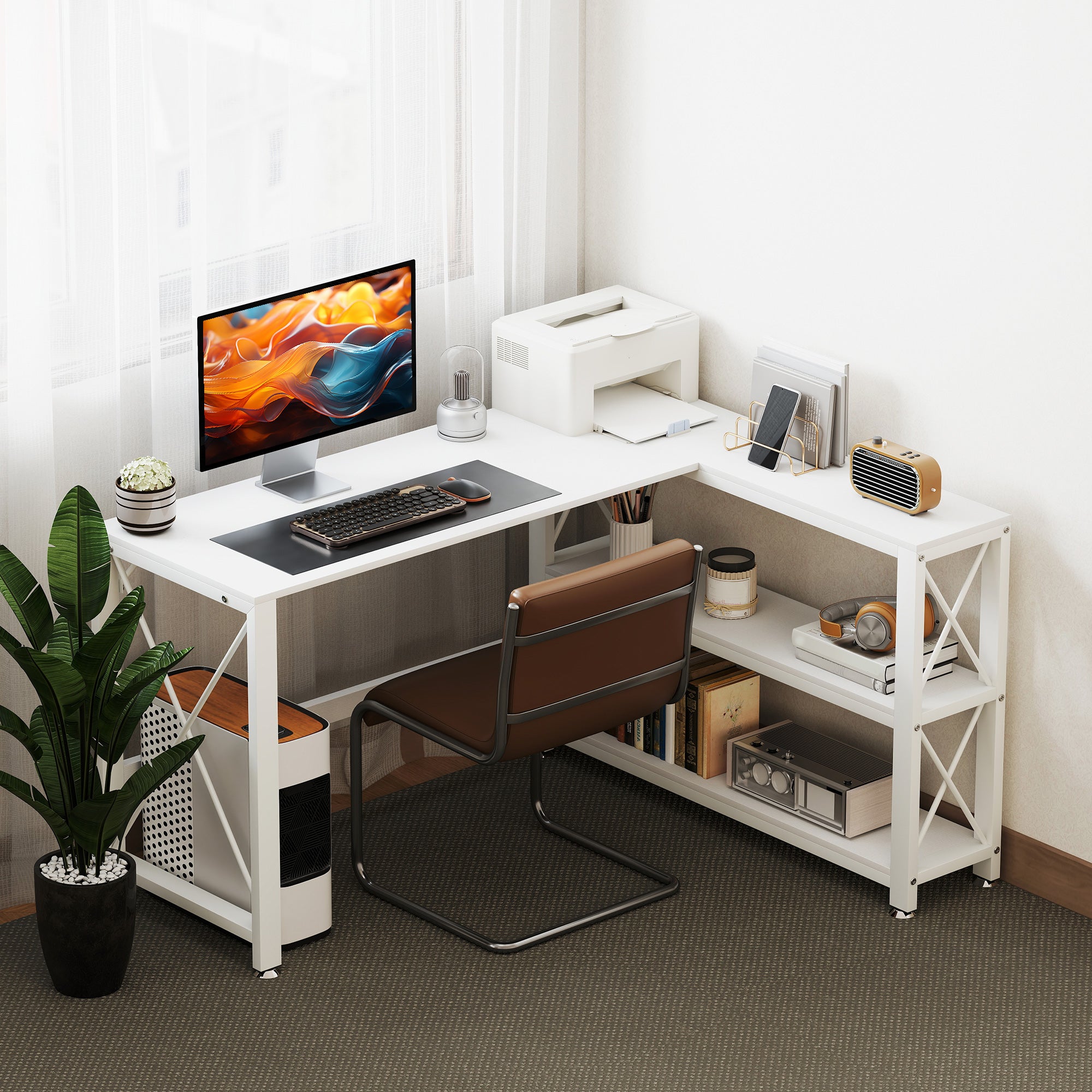 Bureau d'angle modulable réversible, bureau avec rangement style moderne avec étagère de rangement, cadre en métal, table d'ordinateur pour petits espaces, salon, 135 x 110 x 75 cm, blanc