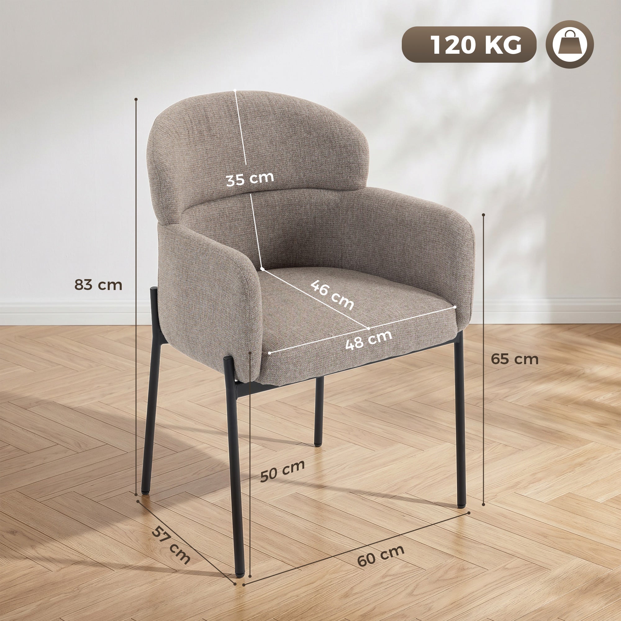 Fauteuil Salon, Fauteuil d'Appoint Rembourré en Chenille avec Dossier Courbé et Accoudoirs, Pieds en Métal, Style Moderne, Chaise de Chambre, Coins Lecture, Petit Espace, Marron Clair