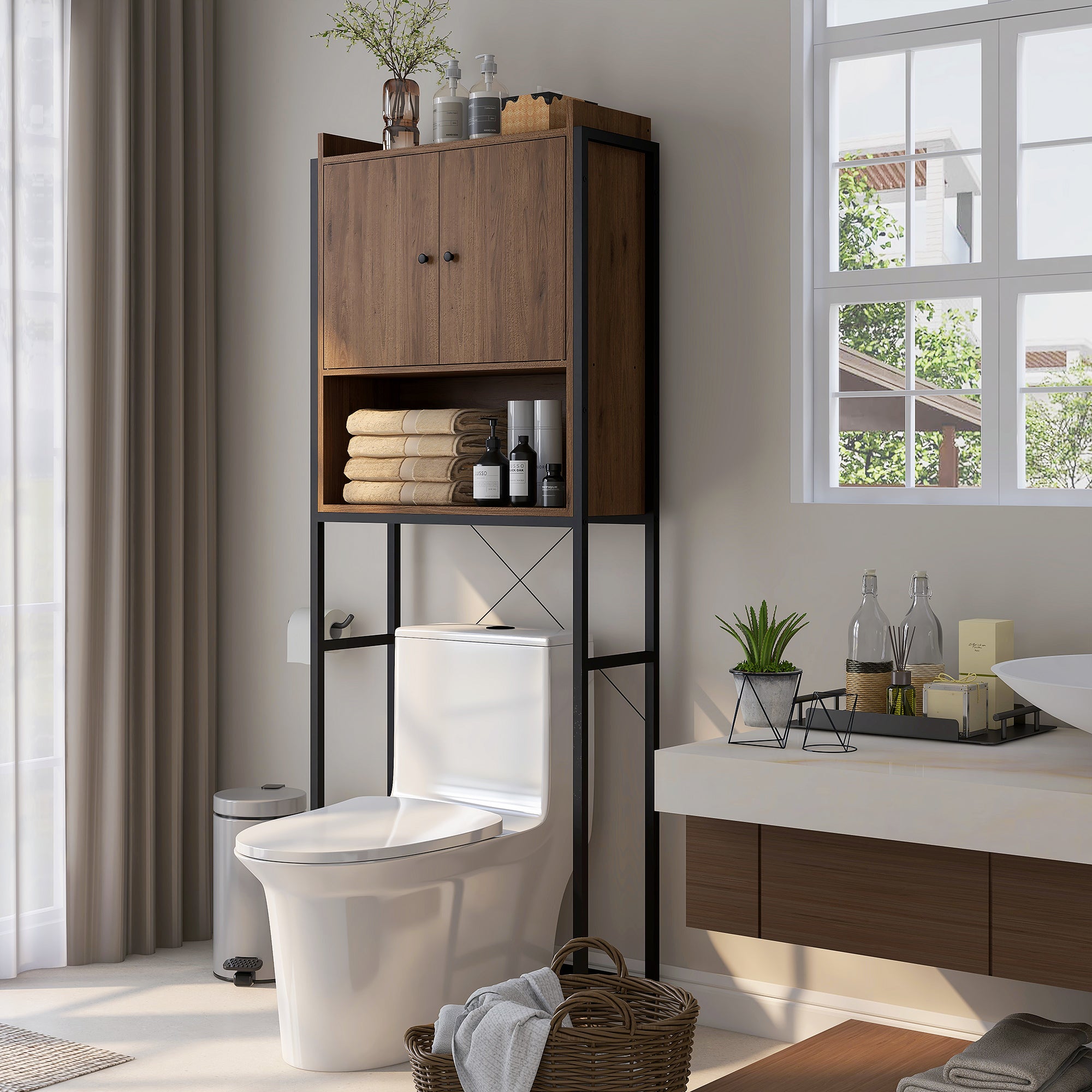 Meuble étagère dessus WC étagère de salle de bain placard 2 portes et niche - 68 x 25,5 x 172,5 cm marron noir