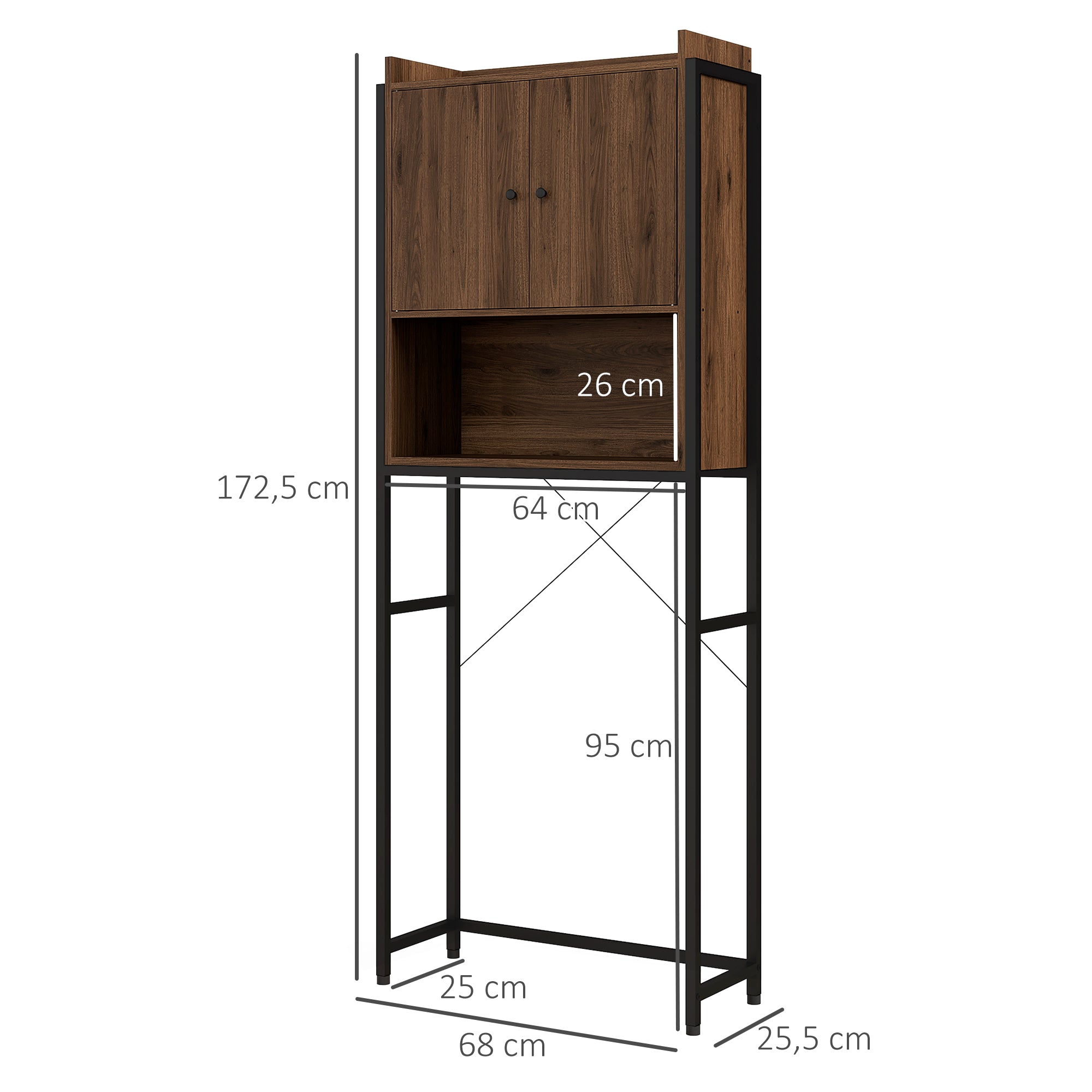 Meuble étagère dessus WC étagère de salle de bain placard 2 portes et niche - 68 x 25,5 x 172,5 cm marron noir