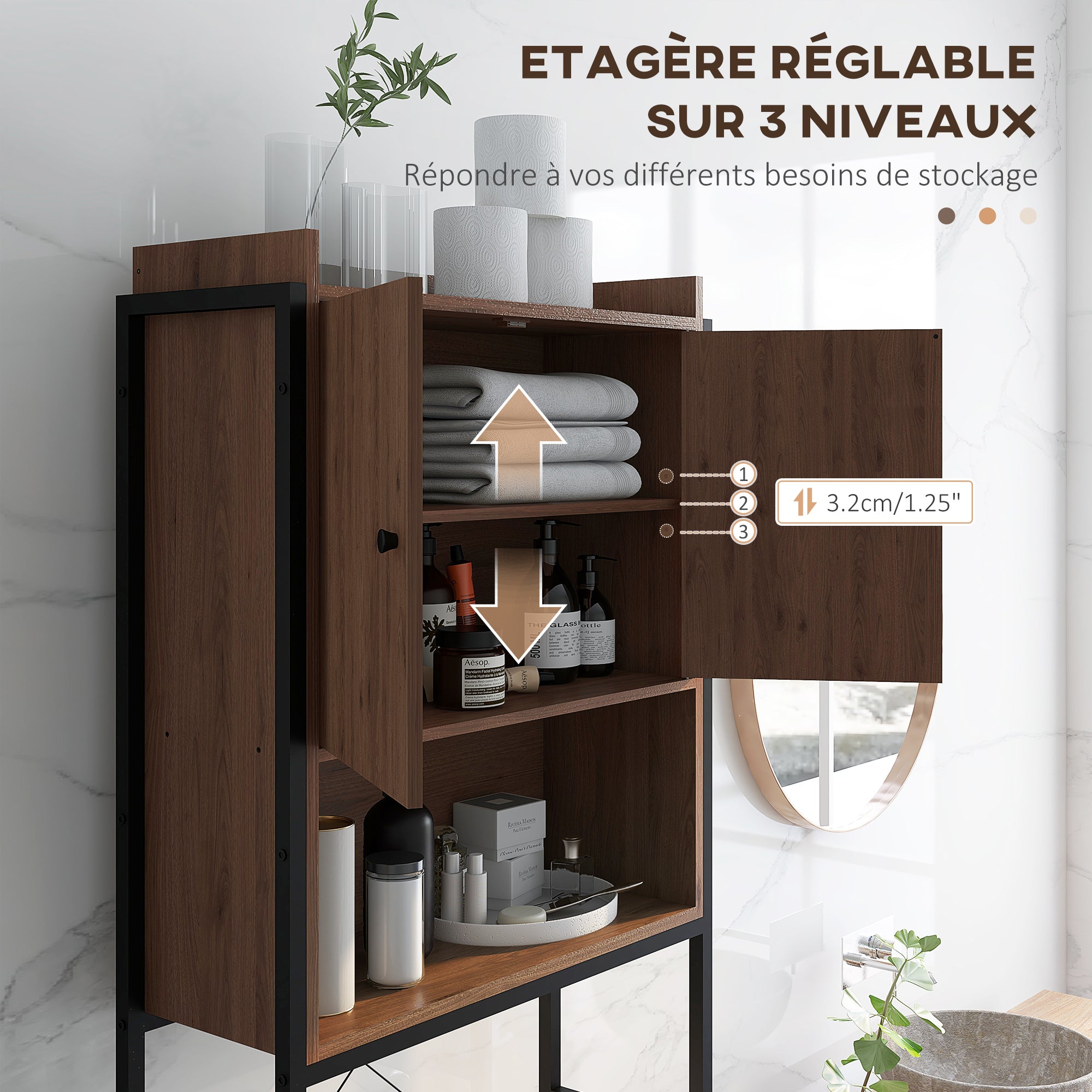 Meuble étagère dessus WC étagère de salle de bain placard 2 portes et niche - 68 x 25,5 x 172,5 cm marron noir