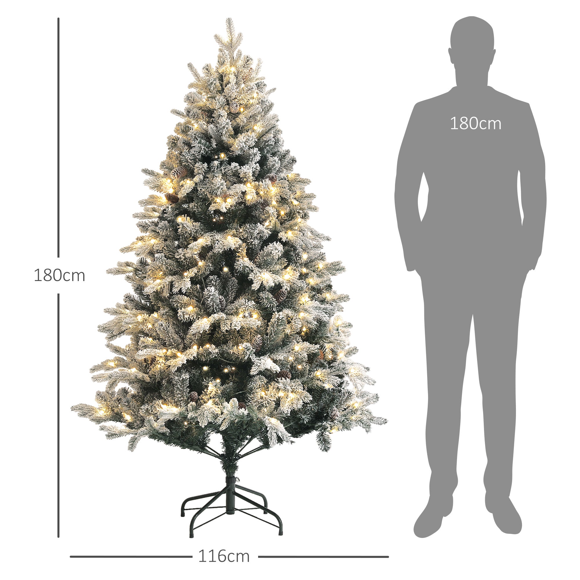 Sapin de Noël artificiel 180 cm arbre de Noël lumineux floqué enneigé avec support en acier pliable, 200 LEDs blanc chaud, 793 branches, décoration de Noël effet réaliste - vert
