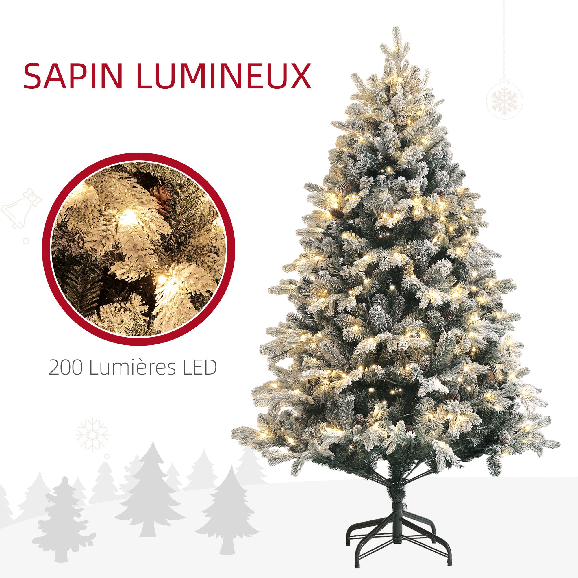 Sapin de Noël artificiel 180 cm arbre de Noël lumineux floqué enneigé avec support en acier pliable, 200 LEDs blanc chaud, 793 branches, décoration de Noël effet réaliste - vert