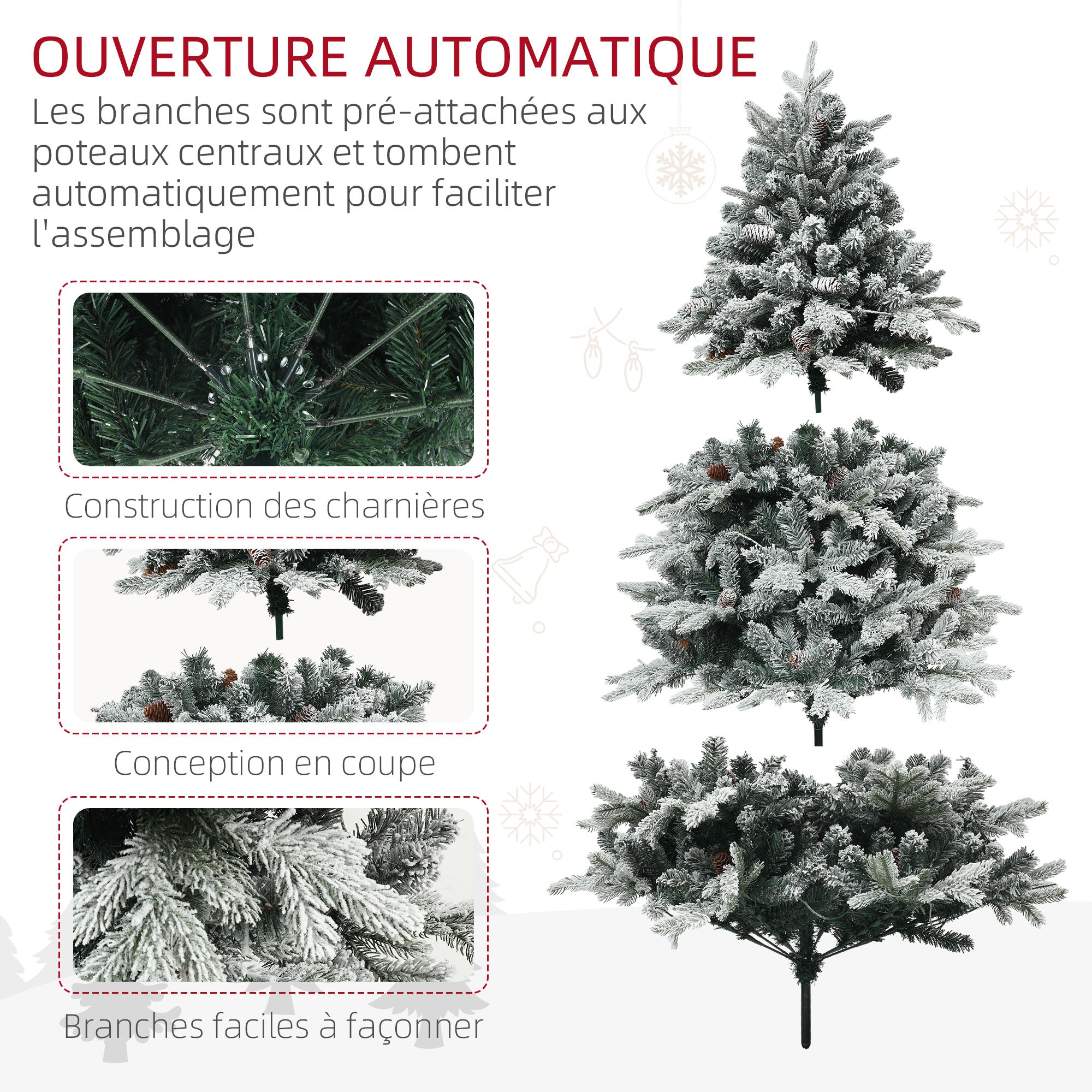 Sapin de Noël artificiel 180 cm arbre de Noël lumineux floqué enneigé avec support en acier pliable, 200 LEDs blanc chaud, 793 branches, décoration de Noël effet réaliste - vert