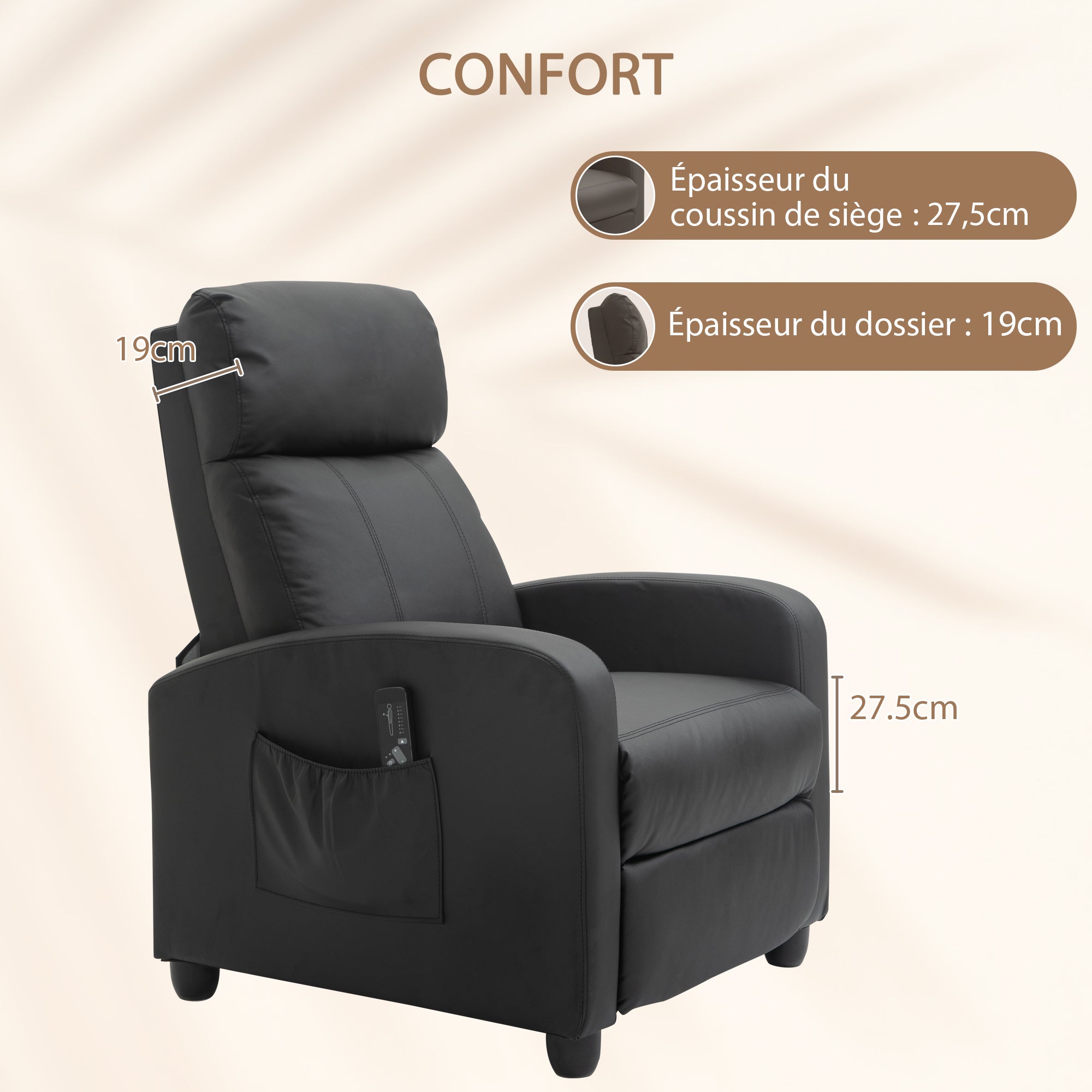 Fauteuil de Relaxation et Massage électrique avec Inclinaison Manuelle Dossier Repose-Pied réglable revêtement synthétique Noir