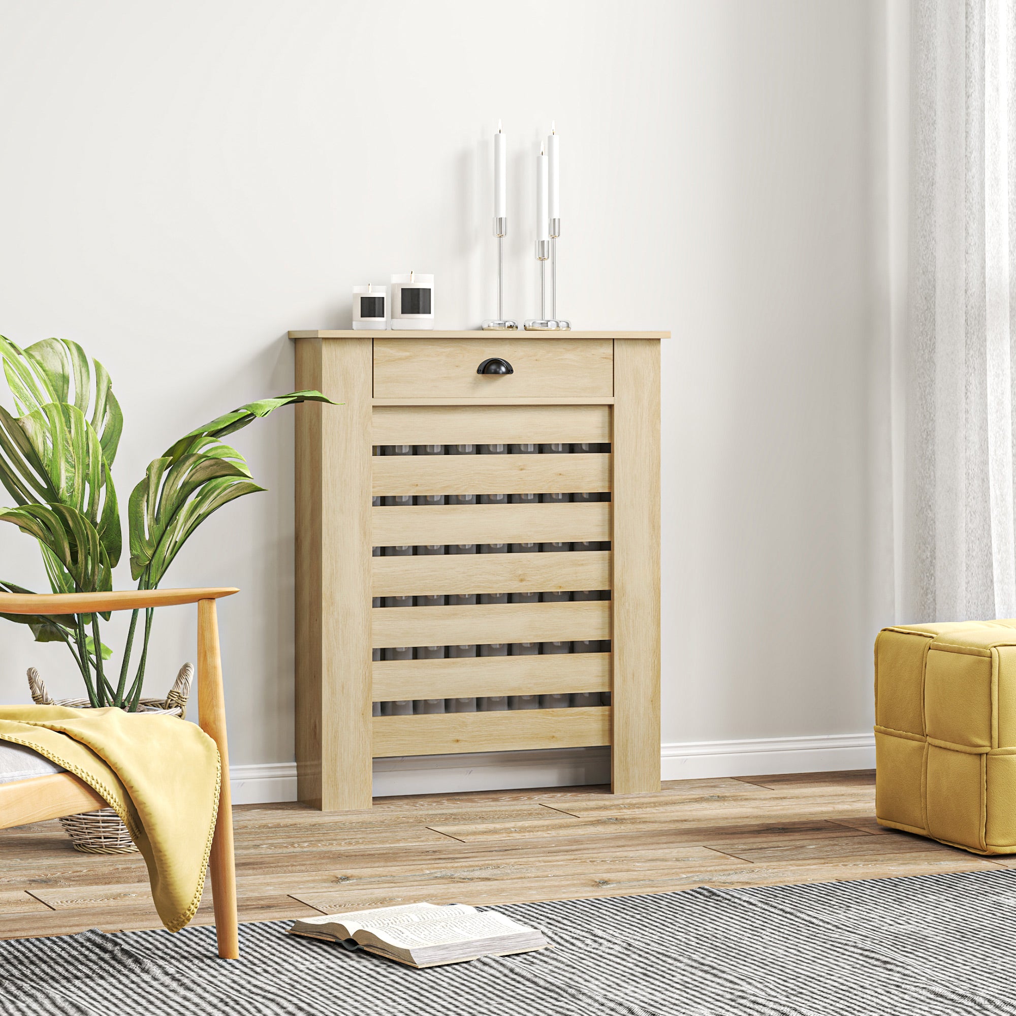 Couvercle de radiateur, cache radiateur, grille à lattes horizontales, avec tiroir, pour salon, chambre à coucher, couloir, en bois, 78 x 19 x 95,5 cm, chêne