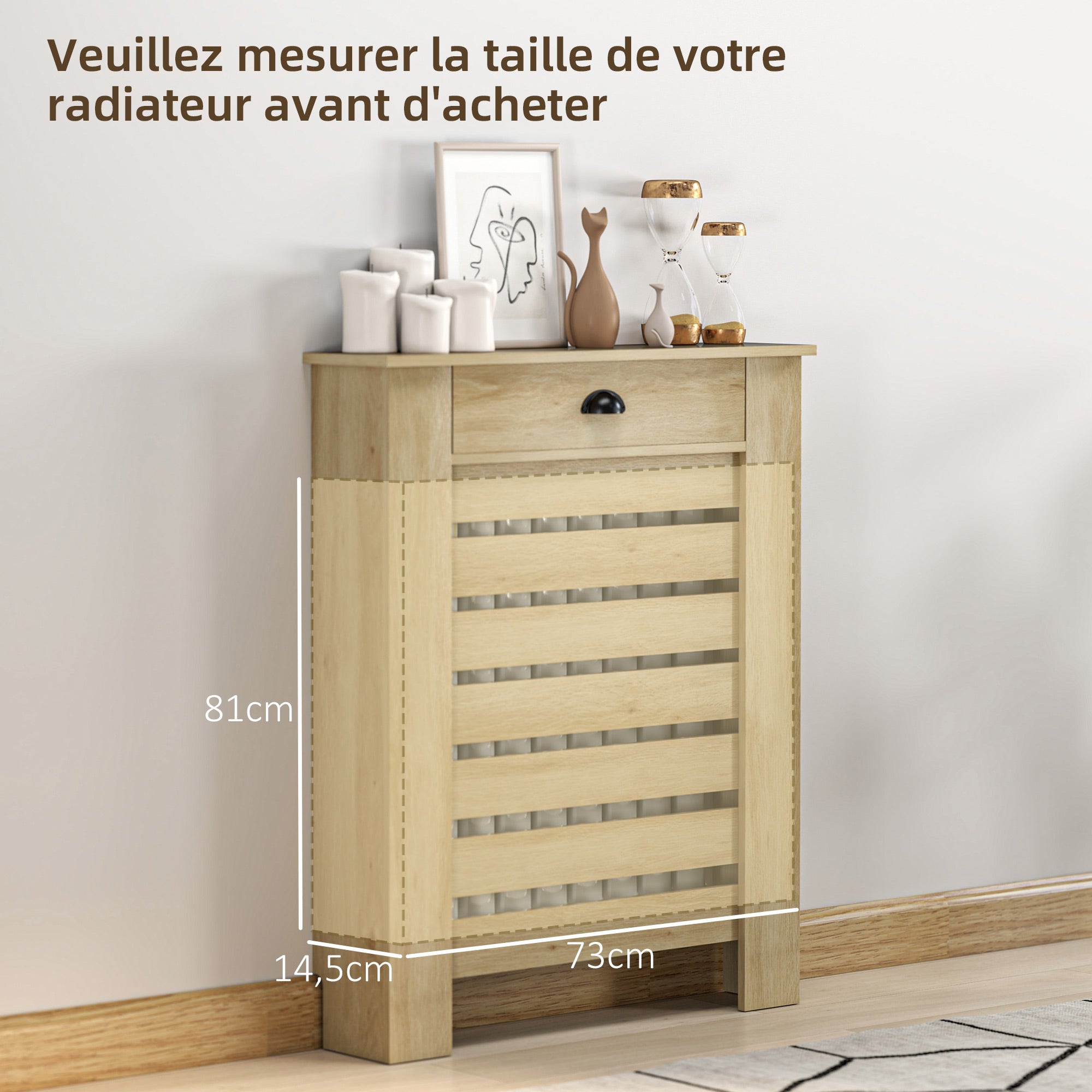 Couvercle de radiateur, cache radiateur, grille à lattes horizontales, avec tiroir, pour salon, chambre à coucher, couloir, en bois, 78 x 19 x 95,5 cm, chêne