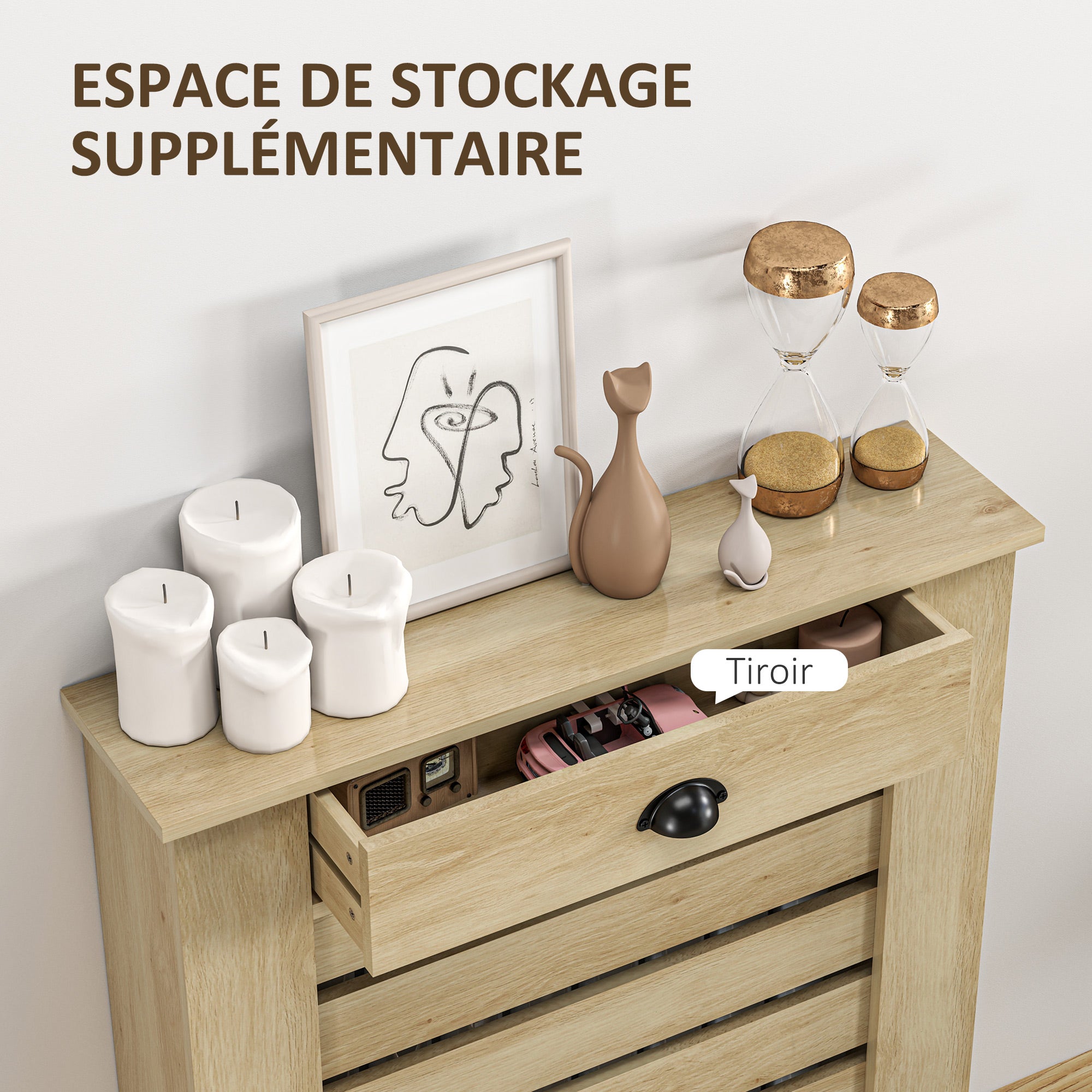 Couvercle de radiateur, cache radiateur, grille à lattes horizontales, avec tiroir, pour salon, chambre à coucher, couloir, en bois, 78 x 19 x 95,5 cm, chêne