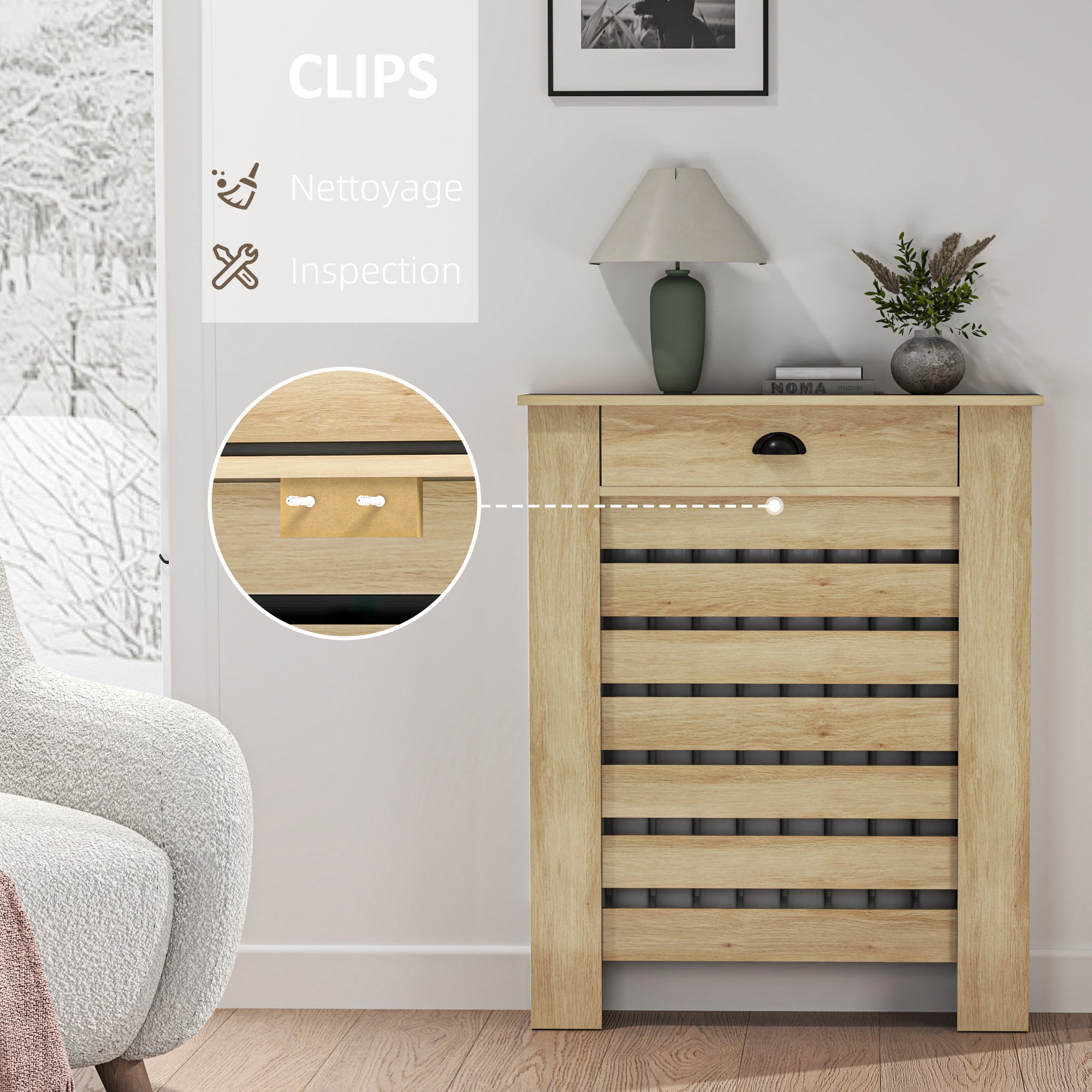 Couvercle de radiateur, cache radiateur, grille à lattes horizontales, avec tiroir, pour salon, chambre à coucher, couloir, en bois, 78 x 19 x 95,5 cm, chêne