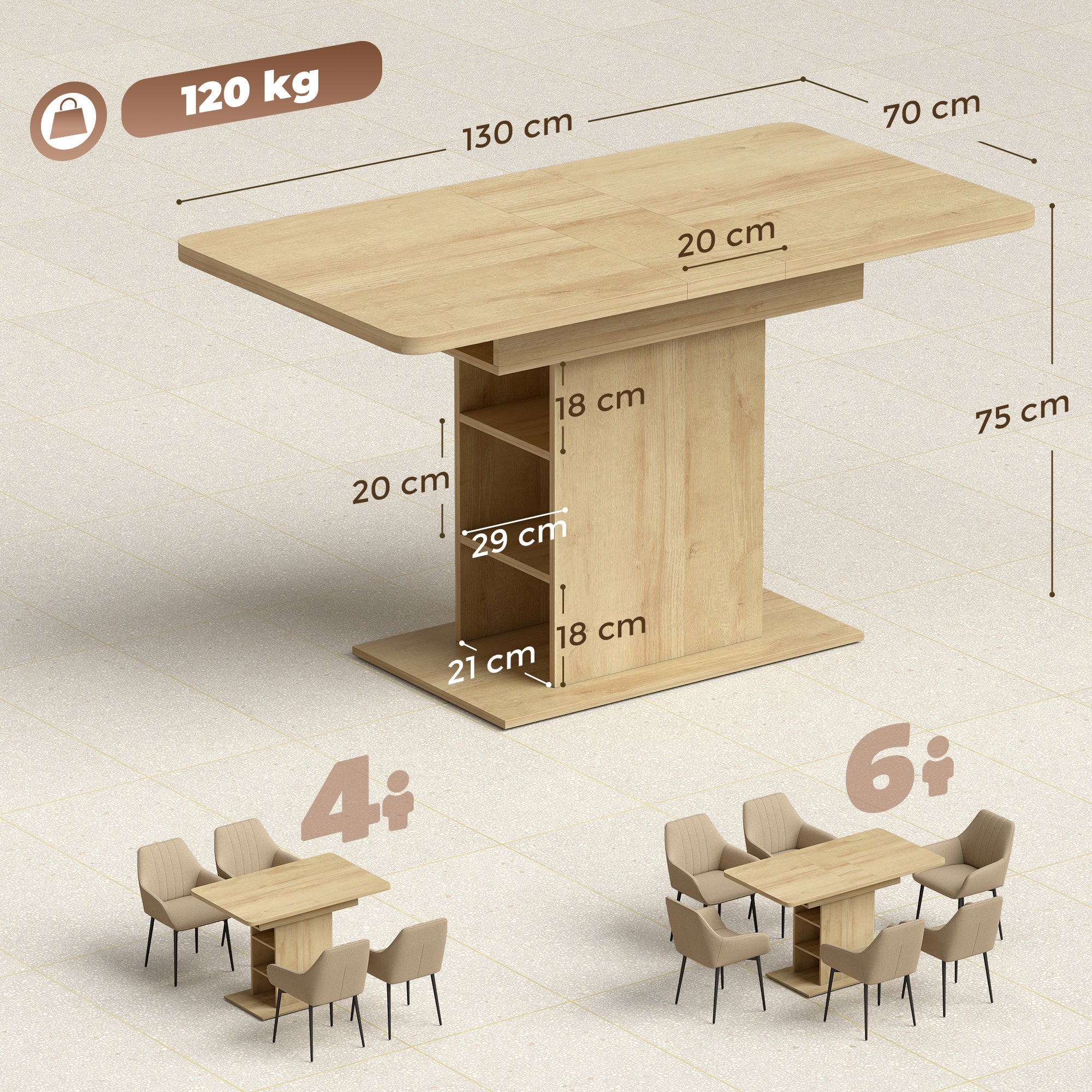 Table à Manger Extensible Rectangle pour 4 à 6 Personnes, Table de Cuisine 110-130 cm avec 6 Étagères Ouvertes et Compartiment, pour Petits Espaces, Salle à Manger, Salon, Bois Naturel