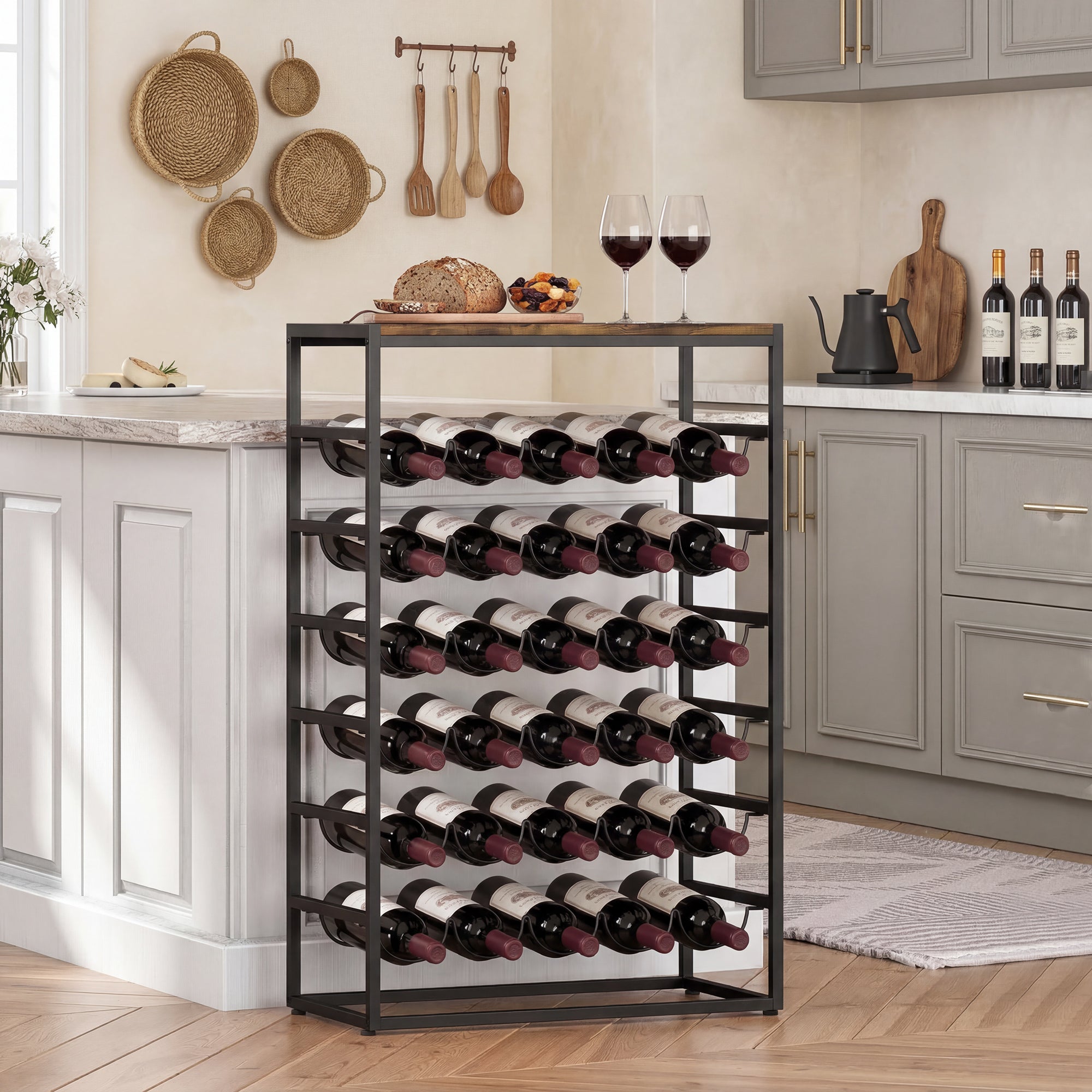 Casier à bouteilles pour 30 bouteilles, étagère à vin avec 6 niveaux avec plateau effet bois, style industriel, casier à vin en métal, pour cave, bars, sous-sols, 59x30x88,5cm, brun rustique