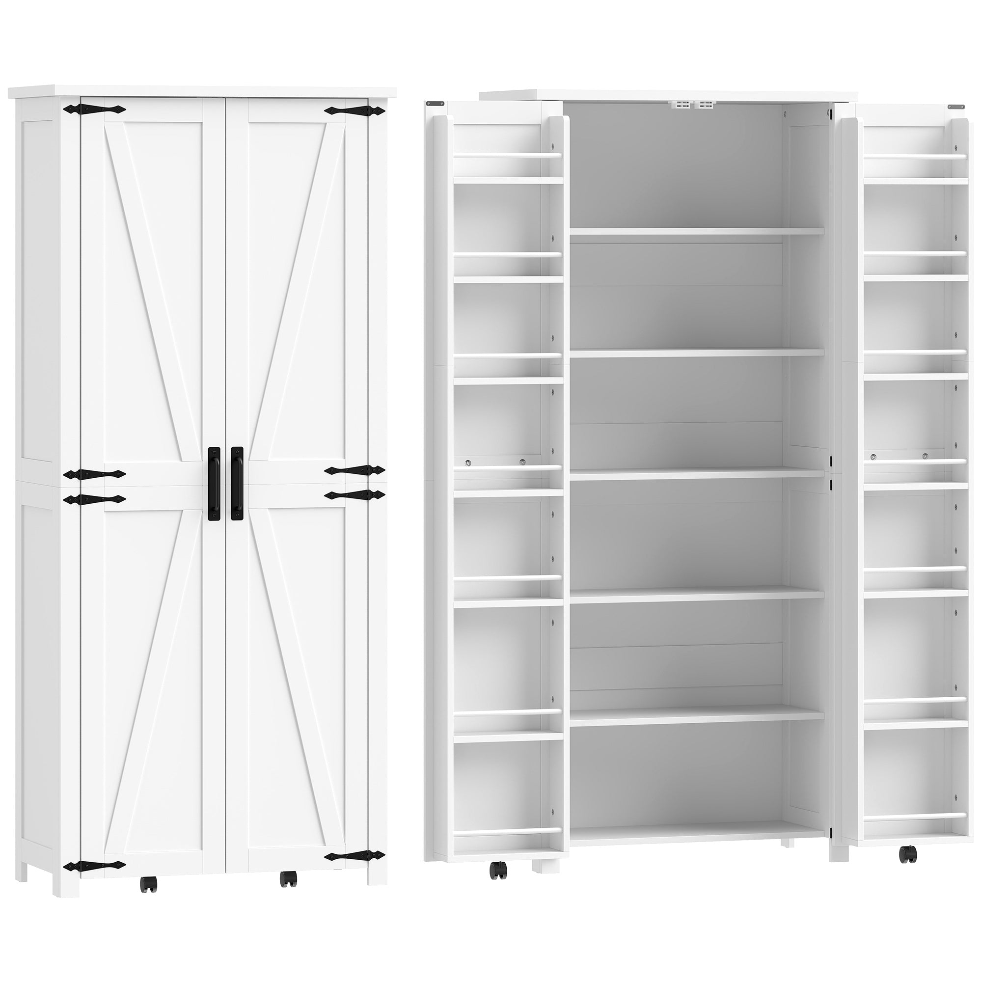 Buffet haut cuisine, armoire cuisine, vaisselier, 2 portes avec roulettes, 6 compartiments, 14 porte-racks et étagères réglables, style rustique, pour salle à manger, salon, 80x40x180cm, blanc