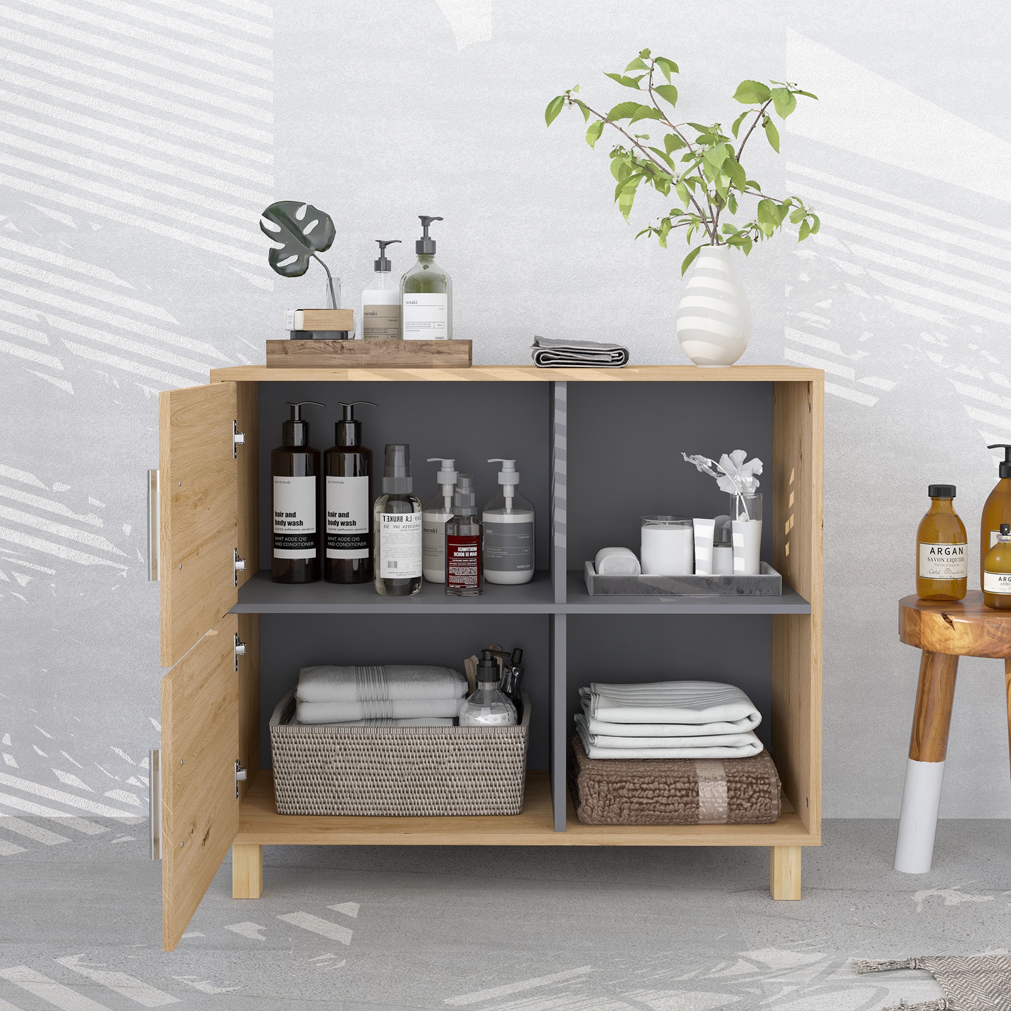 Meuble de salle de bain, meuble de rangement avec compartiments ouverts et placard, armoire salle de bain dim. 80l x 35P x 70H cm, bois naturel