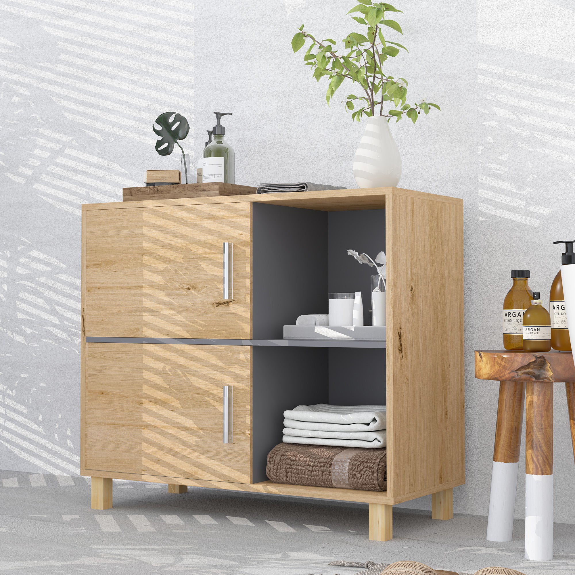 Meuble de salle de bain, meuble de rangement avec compartiments ouverts et placard, armoire salle de bain dim. 80l x 35P x 70H cm, bois naturel